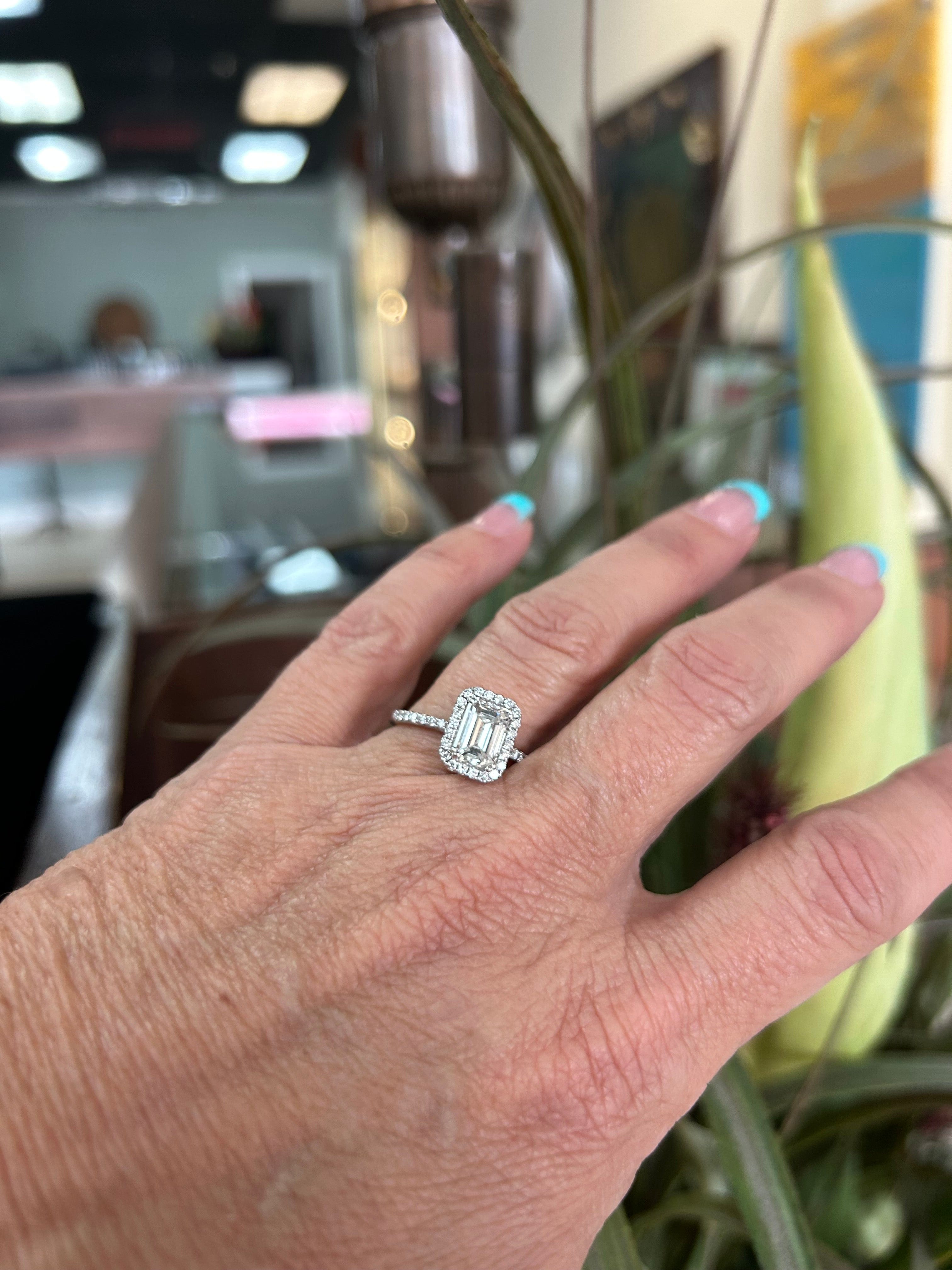 Emerald Cut with Diamond Halo White Gold Engagement Ring 1.91CTW