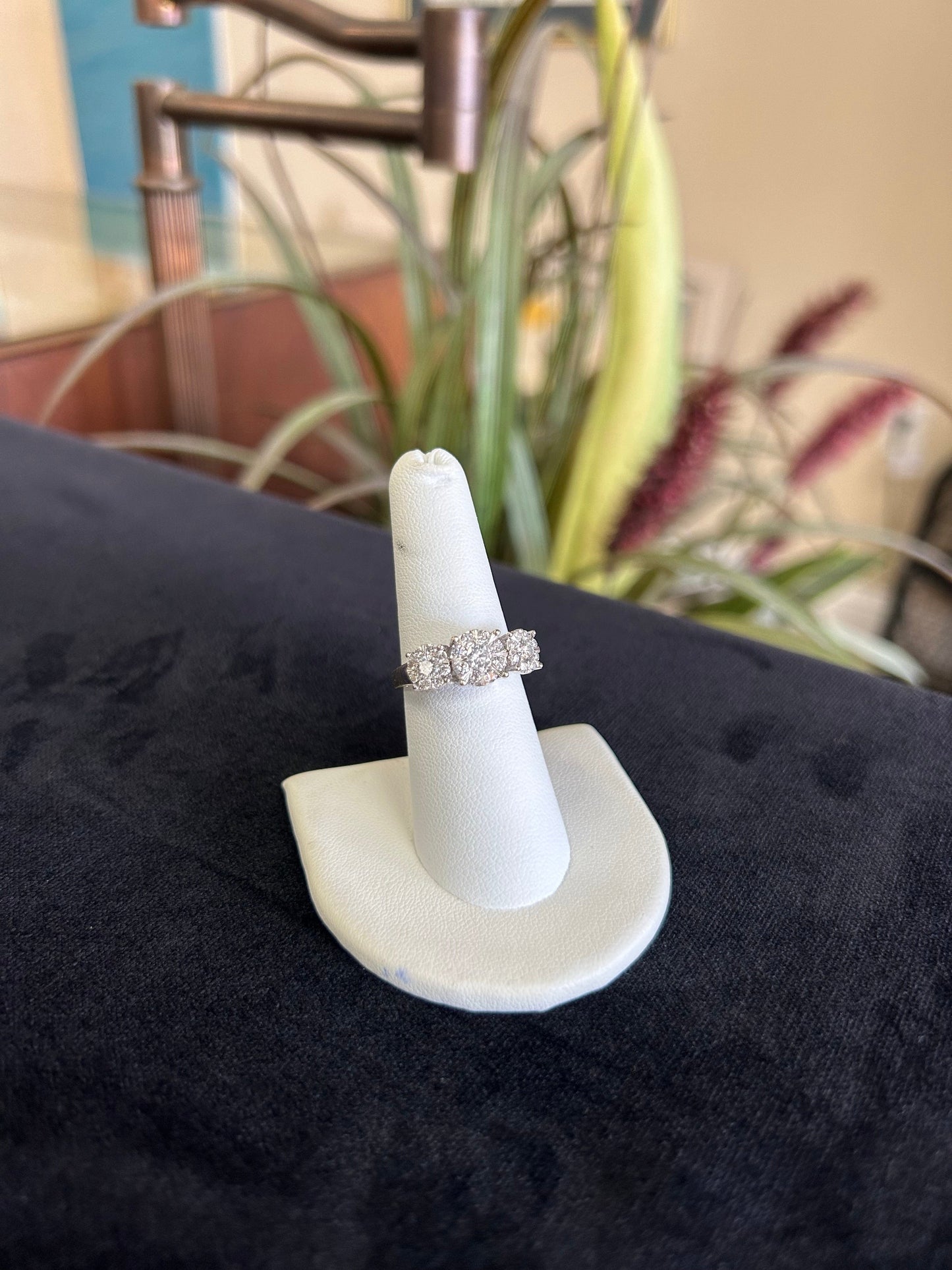 White Gold Three Stone Diamond Ring with Diamond Halo