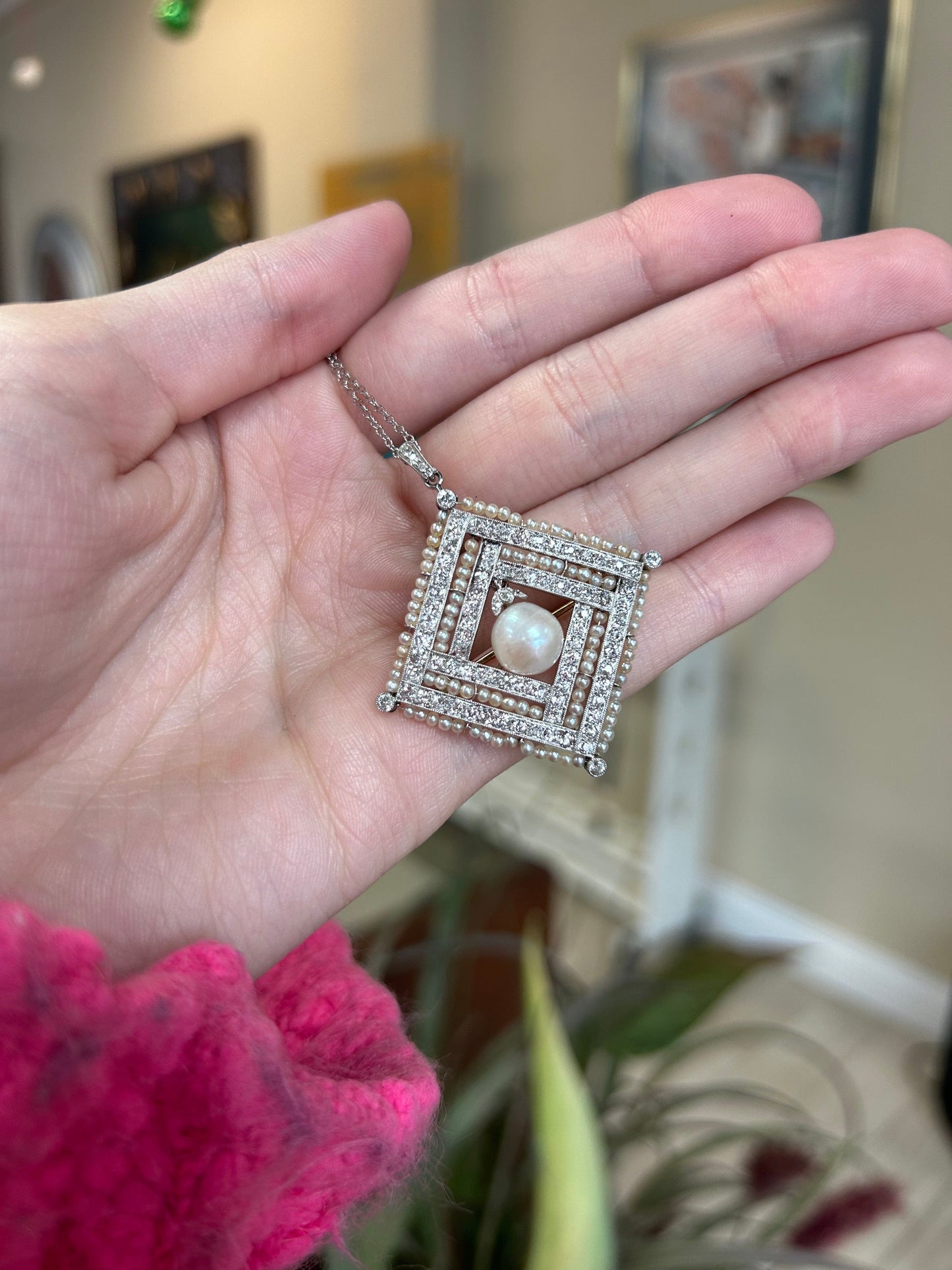 Vintage Cultured Seed Pearls and Diamonds Brooch Pendant