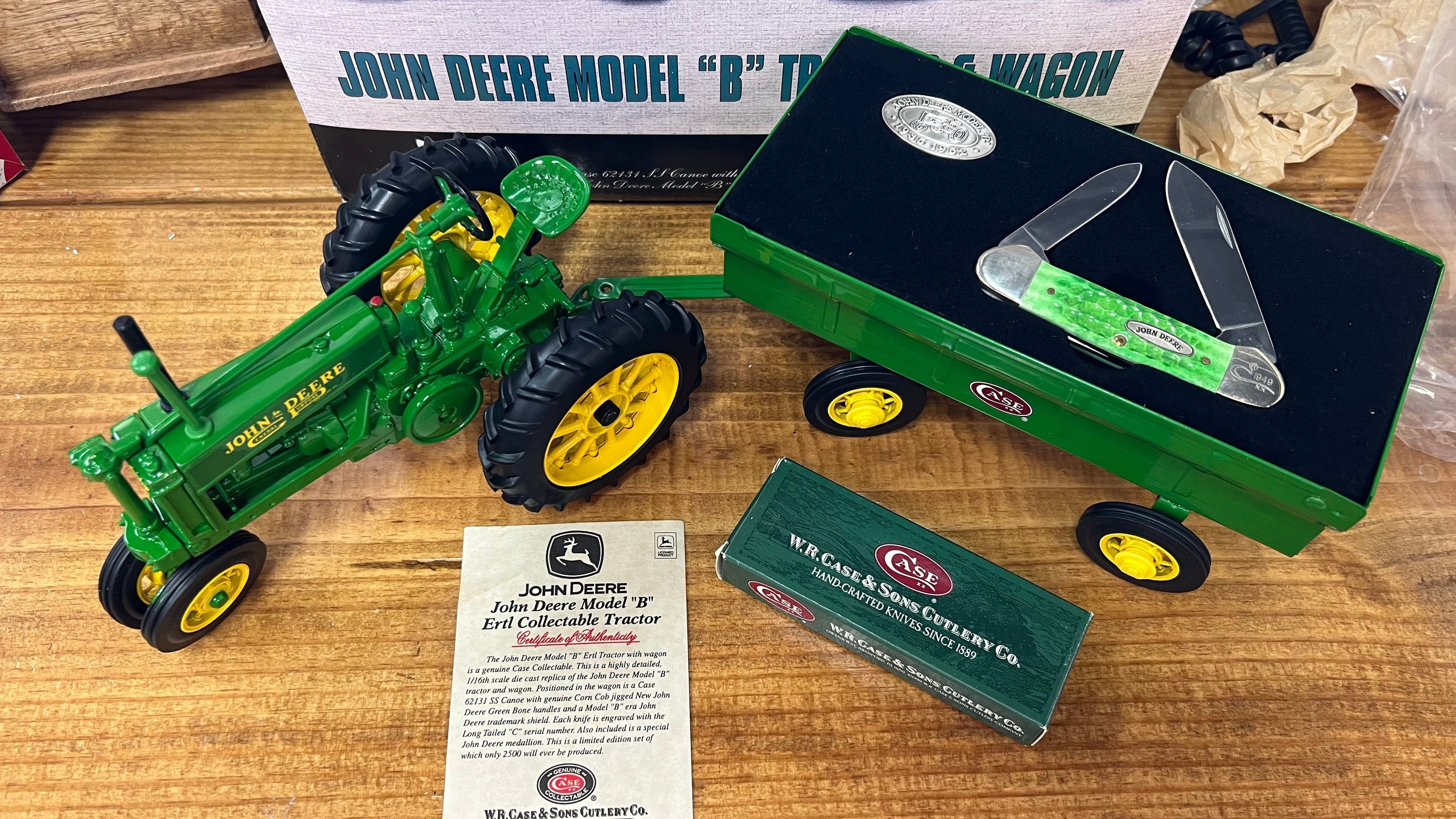 W.R. Case & Sons Cutlery Co John Deere Model "B" Tractor & Wagon with 62434 SS Canoe Knife