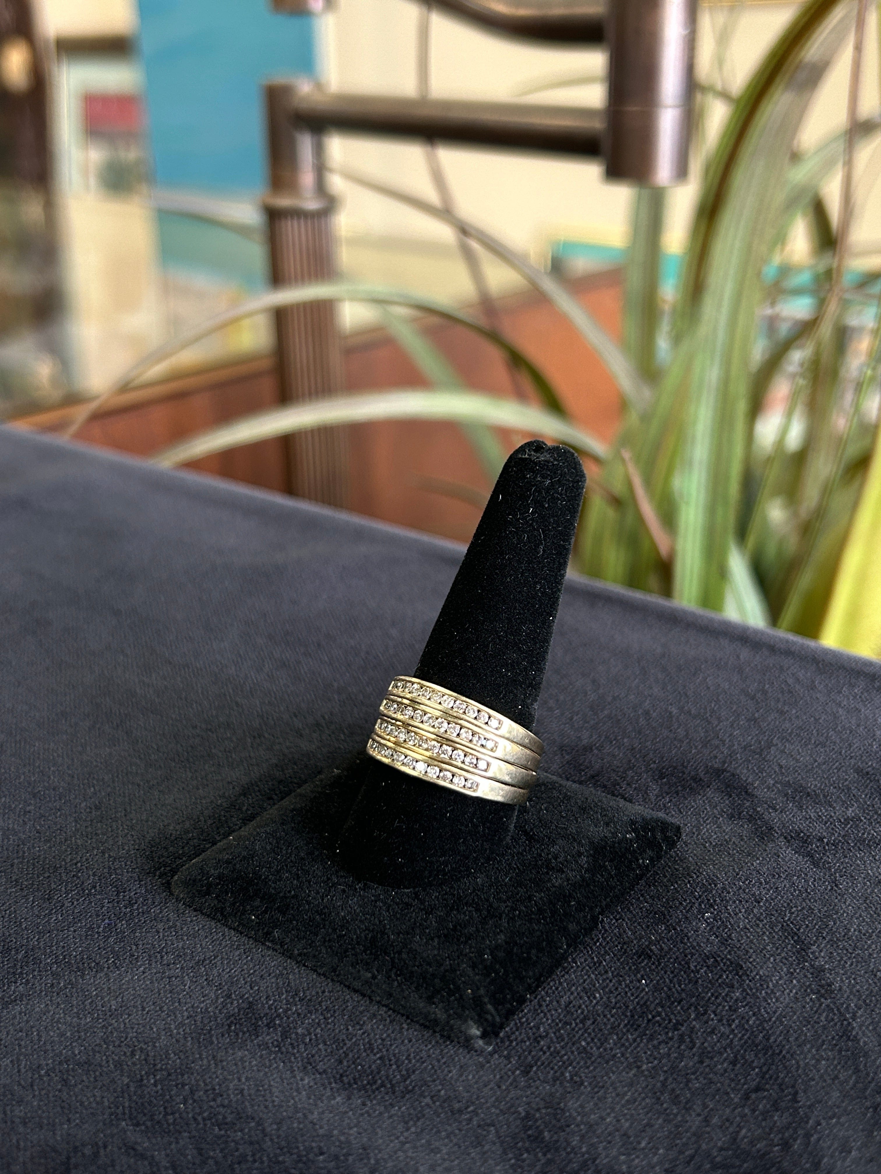 Four Row Diamond Yellow Gold Statement Ring
