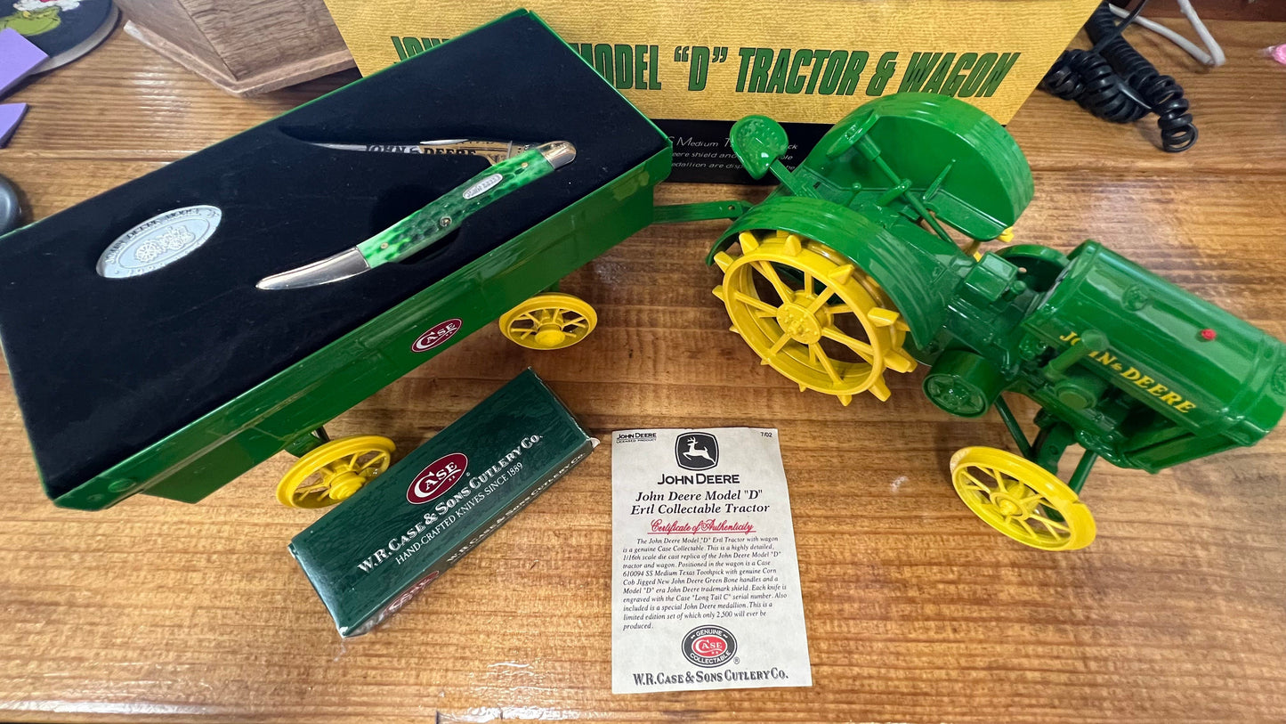 W.R. Case & Sons Cutlery Co John Deere Model "D" Tractor & Wagon with 610094 SS Medium Texas Toothpick Knife