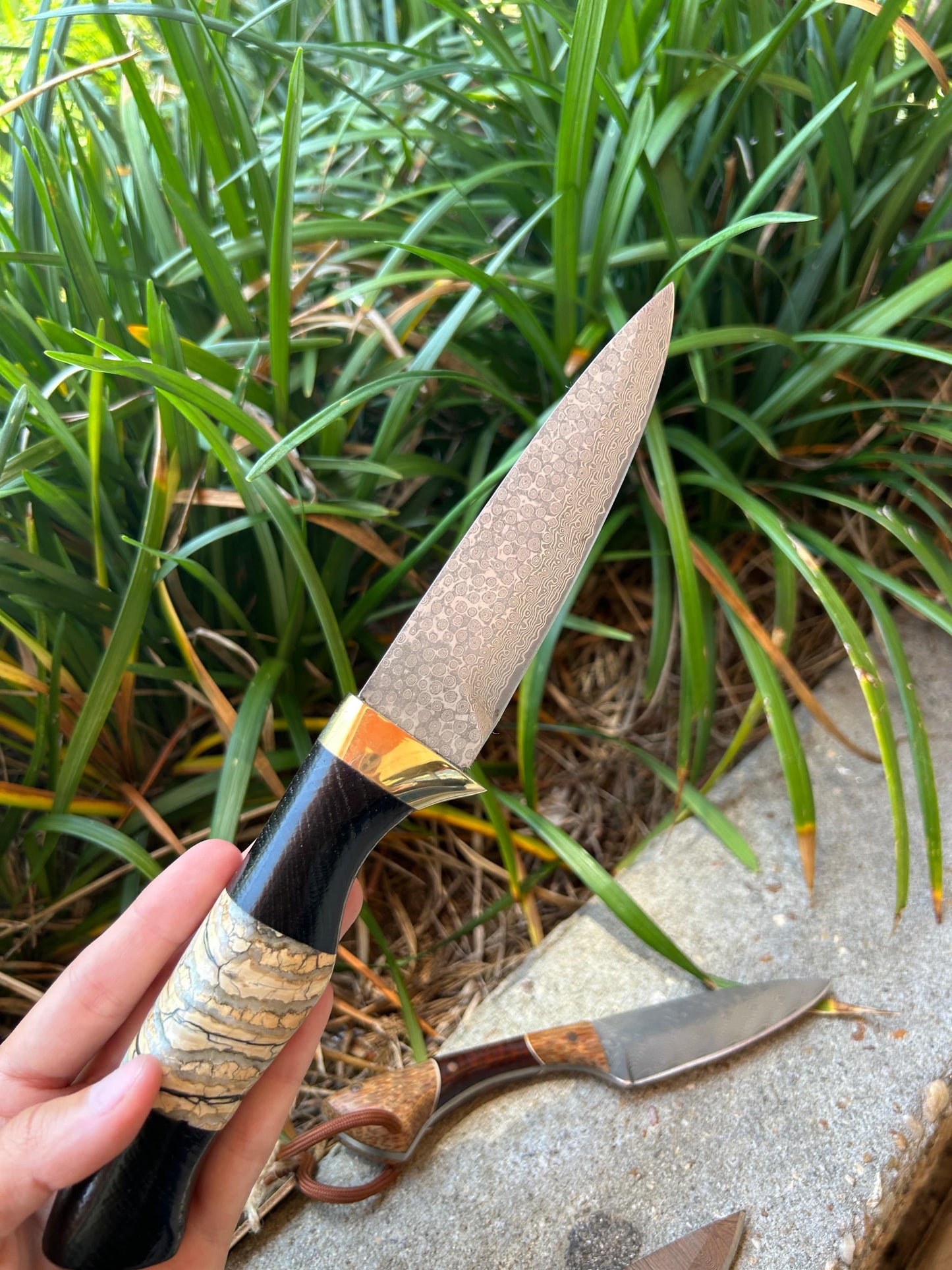 Custom Bog Black Oak and Mammoth Tooth Knife with Raindrop Damascus Blade and Leather Sheath