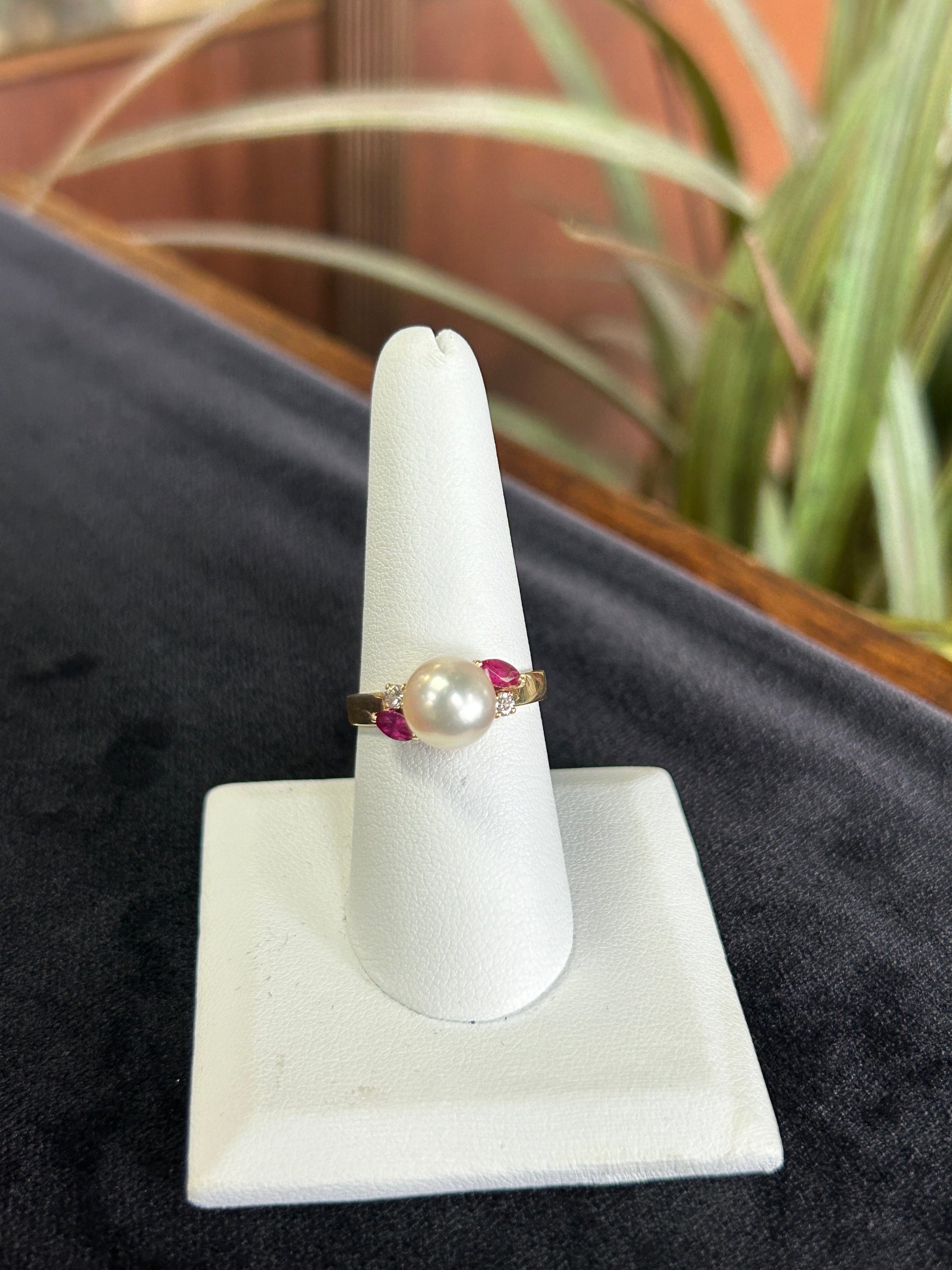 Ruby and Pearl Yellow Gold Ring with Diamond Chips