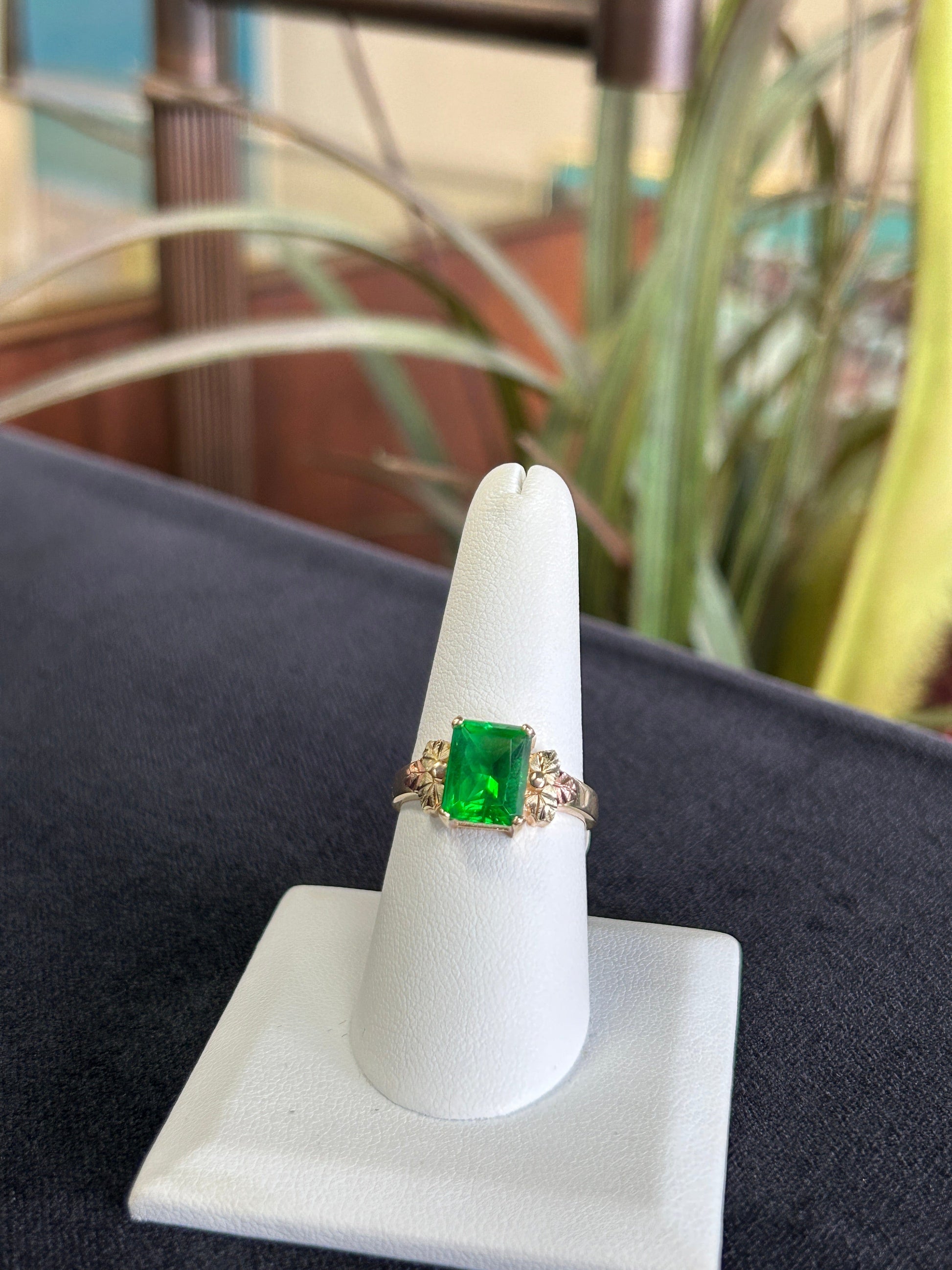 Large Green Gemstone Rose Gold and Yellow Gold Ring