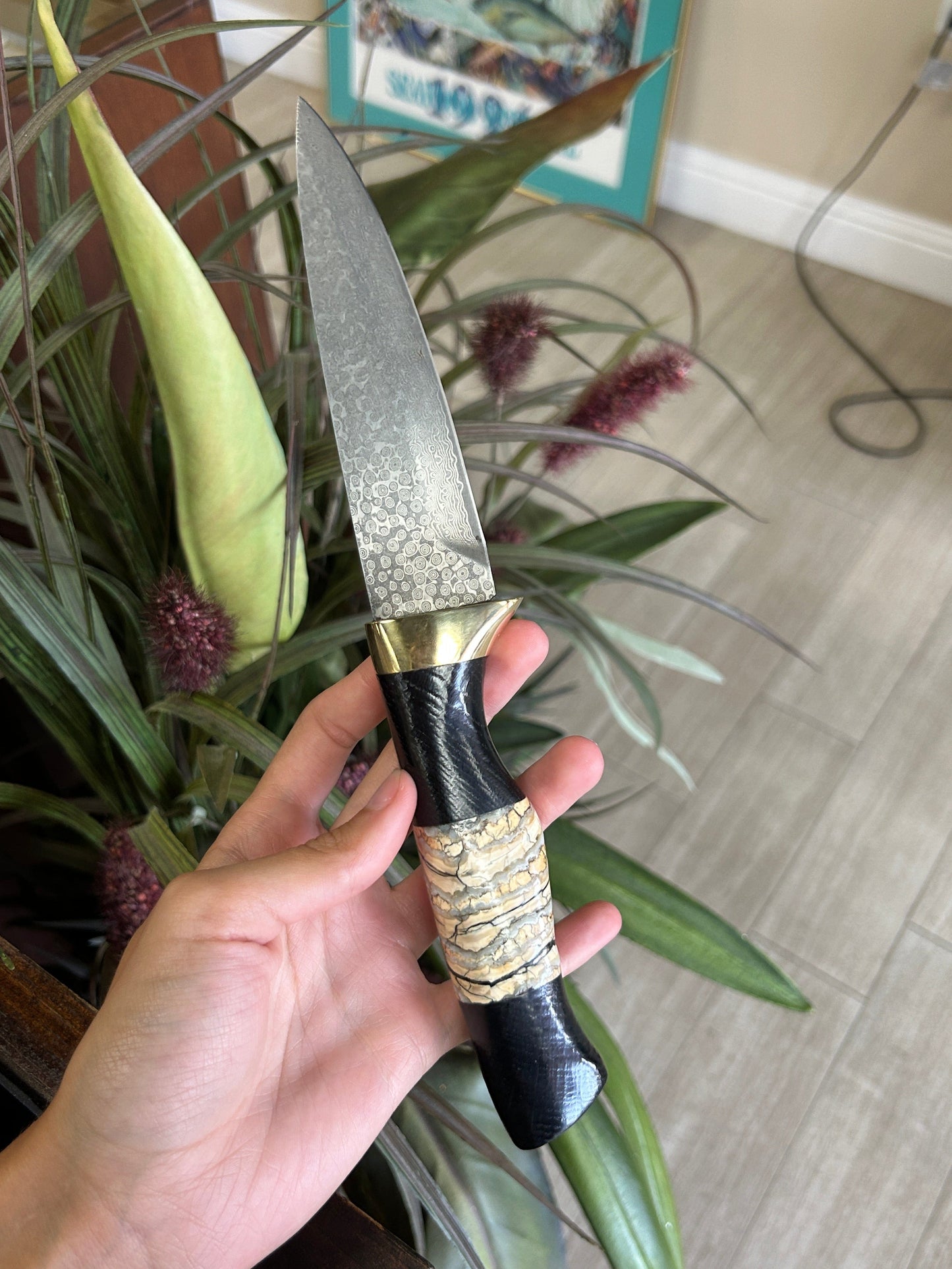 Custom Bog Black Oak and Mammoth Tooth Knife with Raindrop Damascus Blade and Leather Sheath