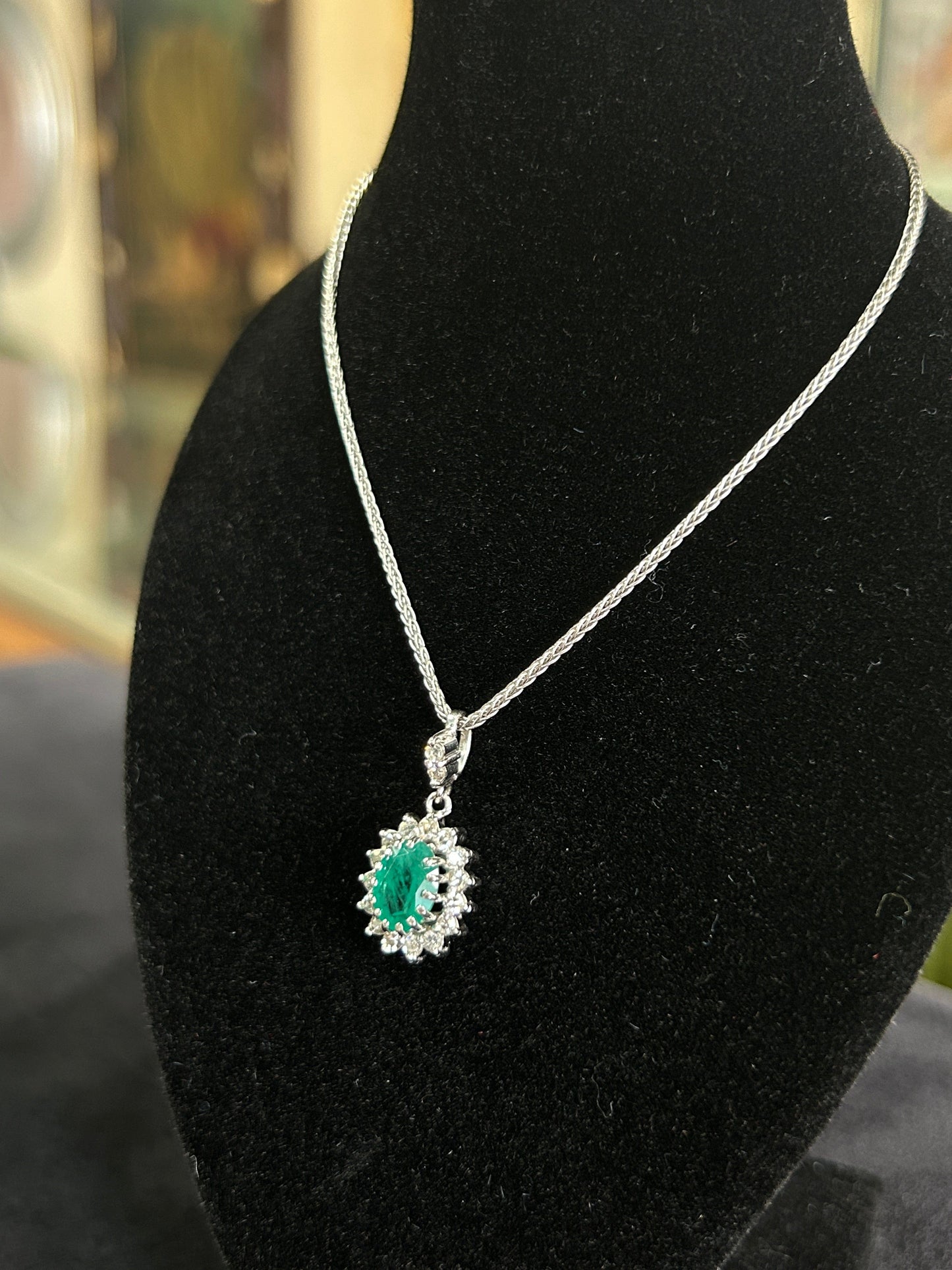 Emerald Pendant with Diamond Halo in White Gold