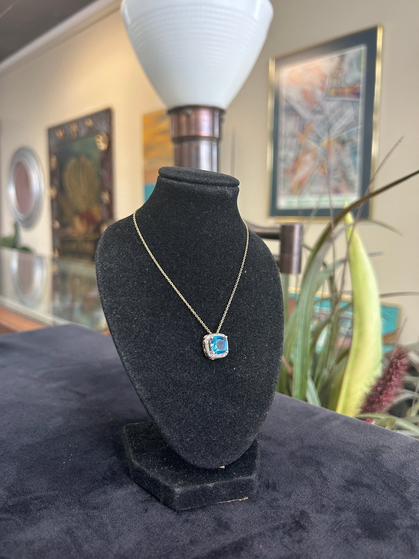 Yellow Gold Blue Topaz Gemstone Pendant and Chain Necklace