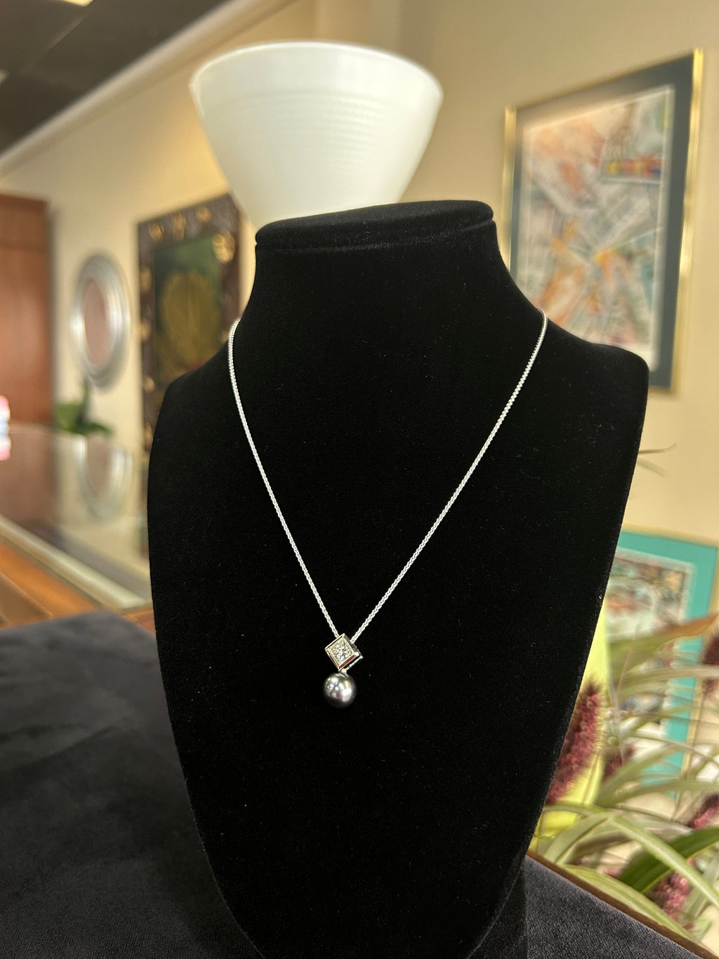 Black Pearl and Diamond Necklace in White Gold