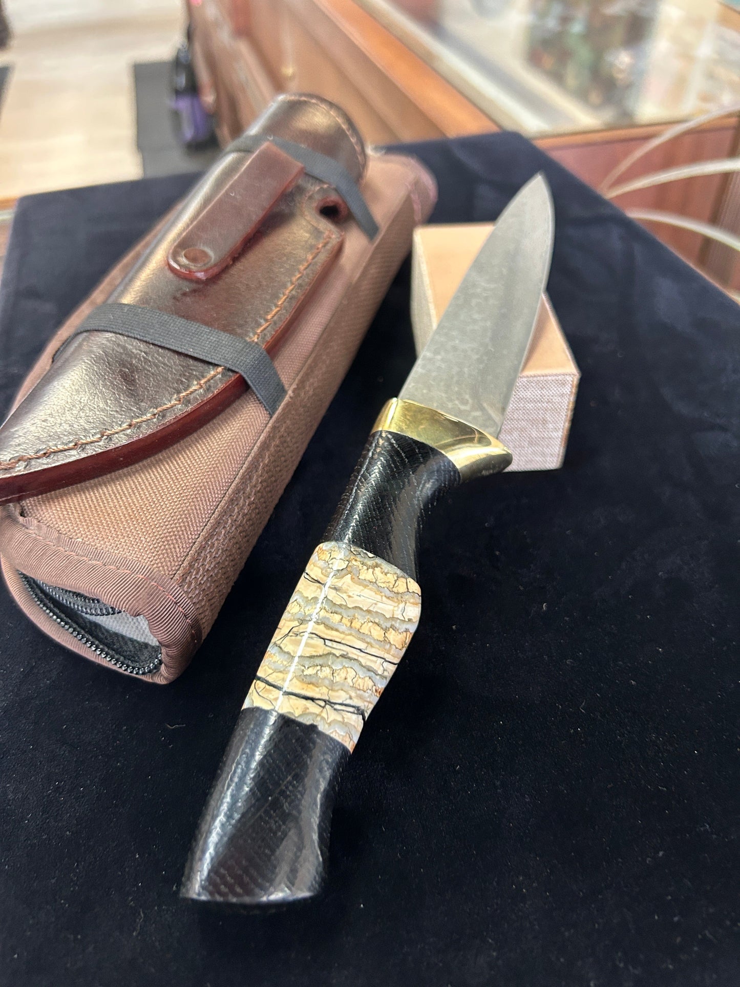 Custom Bog Black Oak and Mammoth Tooth Knife with Raindrop Damascus Blade and Leather Sheath