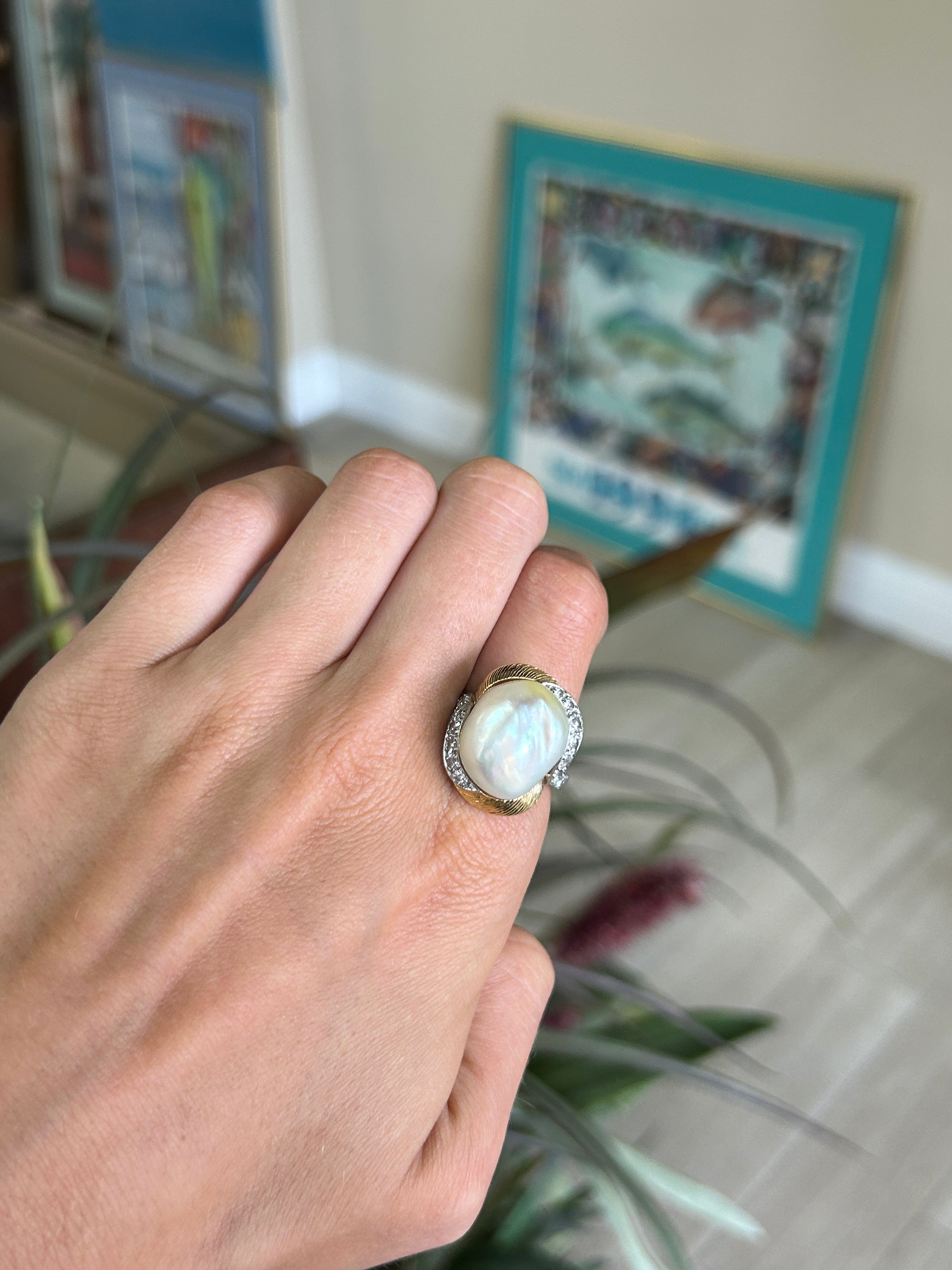 Vintage Platinum 18kt Yellow Gold Large Pearl and Diamond Ring