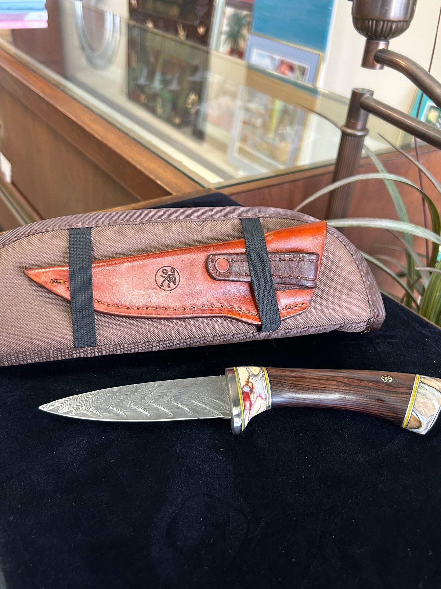 Custom Mammoth Tooth Knife with Iron Wood Handle and Damascus Steel Blade with Leather Sheath