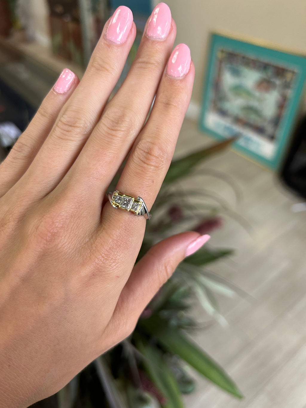 Two Toned Unique Three Diamond Ring in Platinum and 18kt