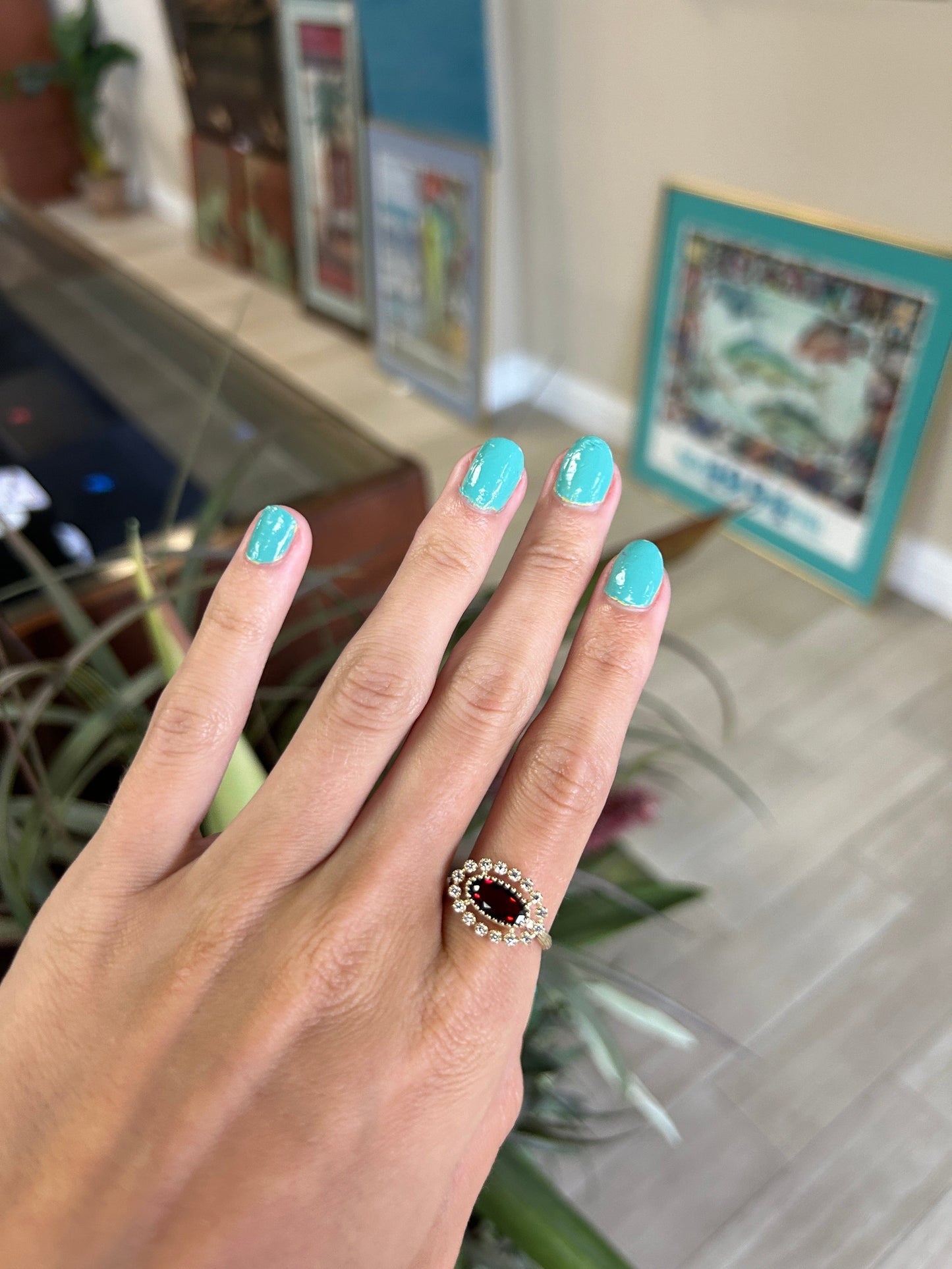 Unique Garnet Gemstone Ring with Diamond Halo in Yellow Gold