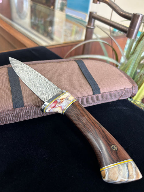 Products Custom Mammoth Tooth Knife with Iron Wood Handle and Damascus Steel Blade with Leather Sheath