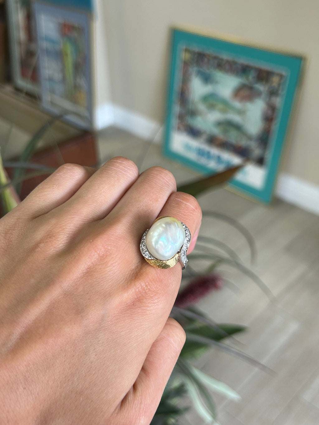 Vintage Platinum 18kt Yellow Gold Large Pearl and Diamond Ring