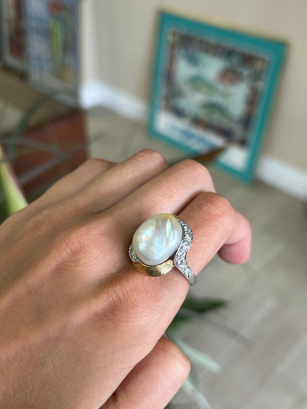 Vintage Platinum 18kt Yellow Gold Large Pearl and Diamond Ring