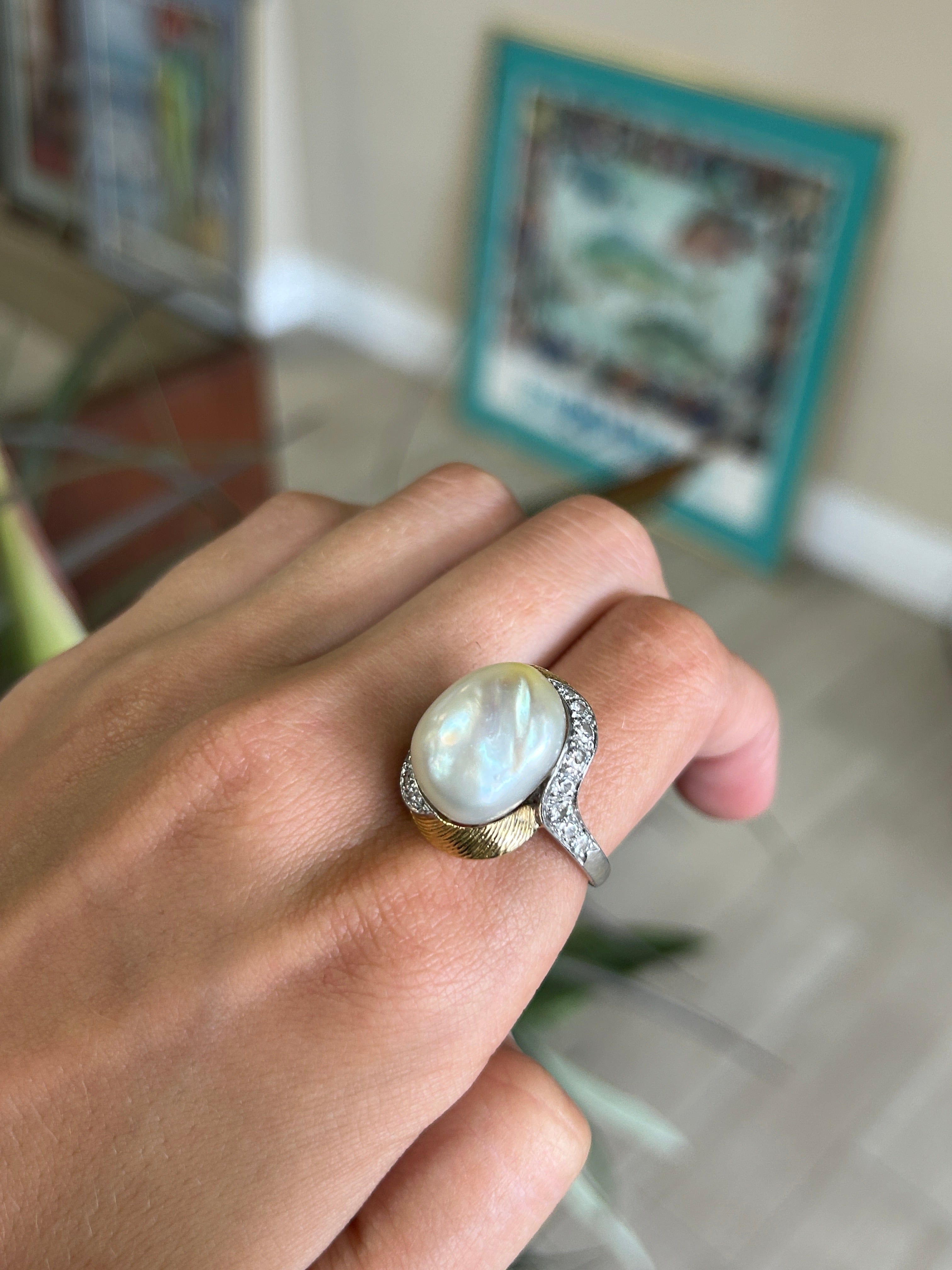 Vintage Platinum 18kt Yellow Gold Large Pearl and Diamond Ring