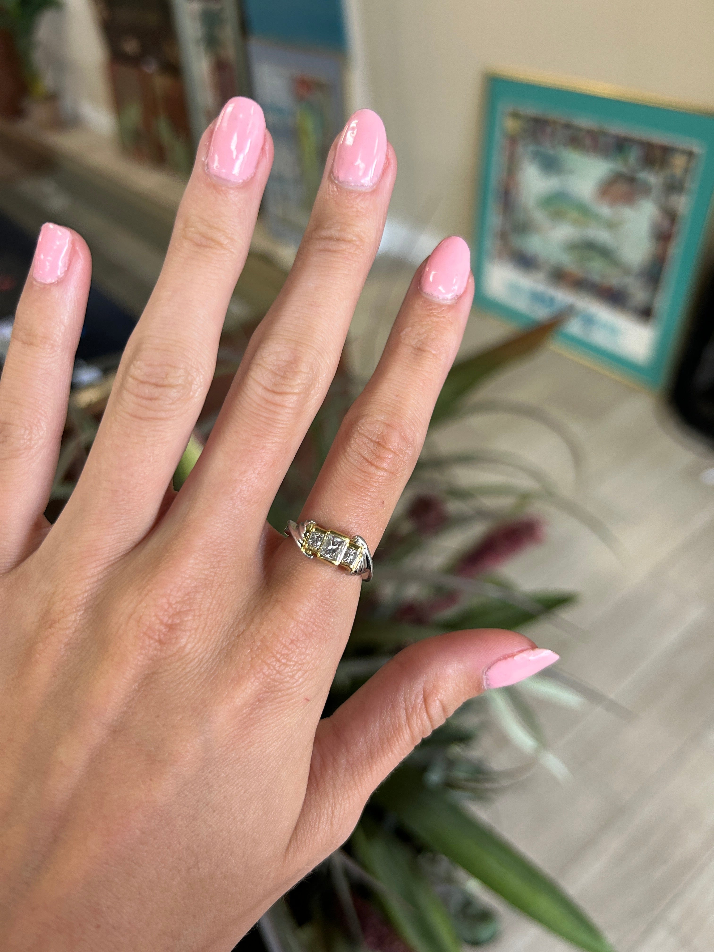 Two Toned Unique Three Diamond Ring in Platinum and 18kt