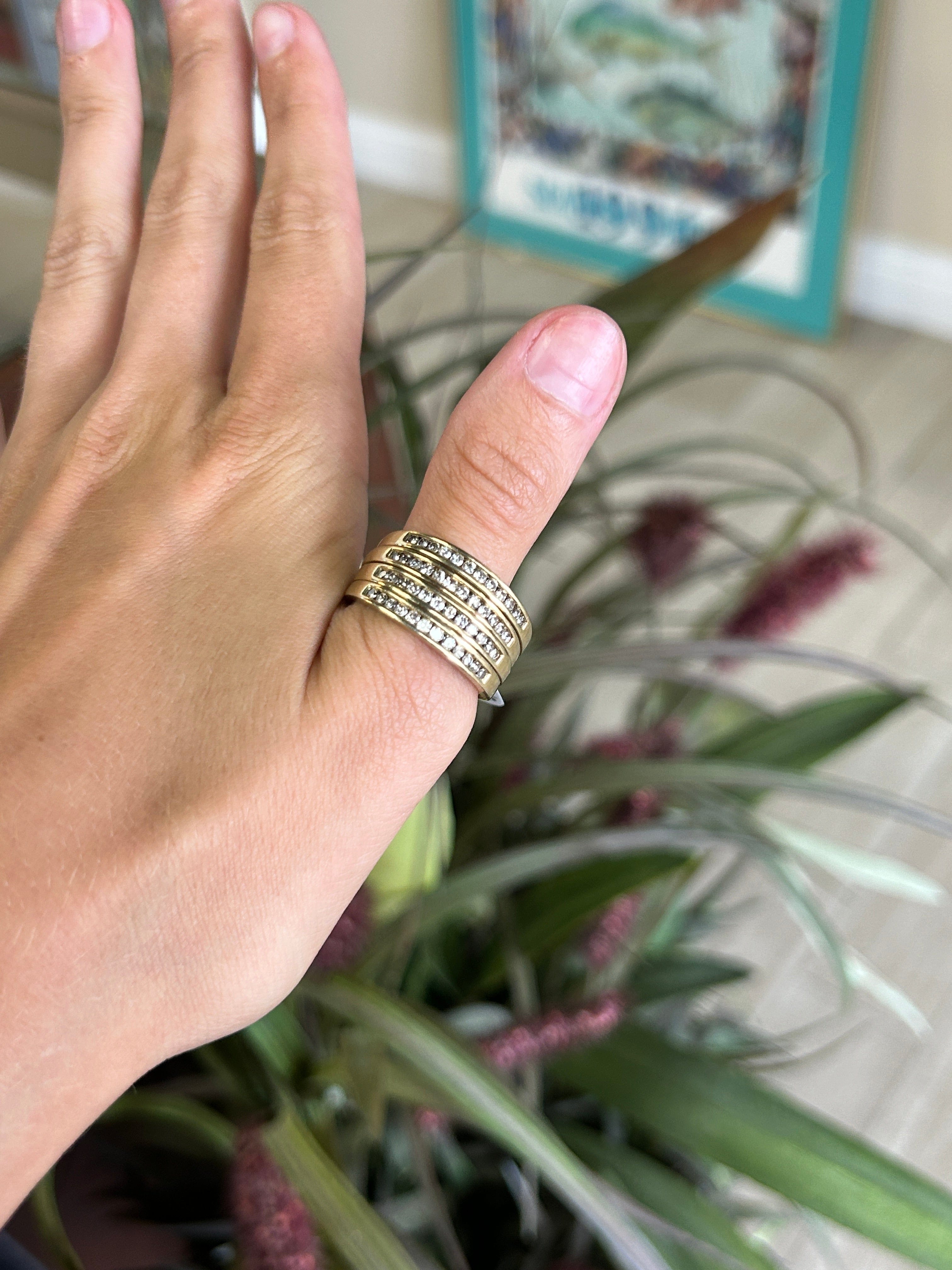 Four Row Diamond Yellow Gold Statement Ring