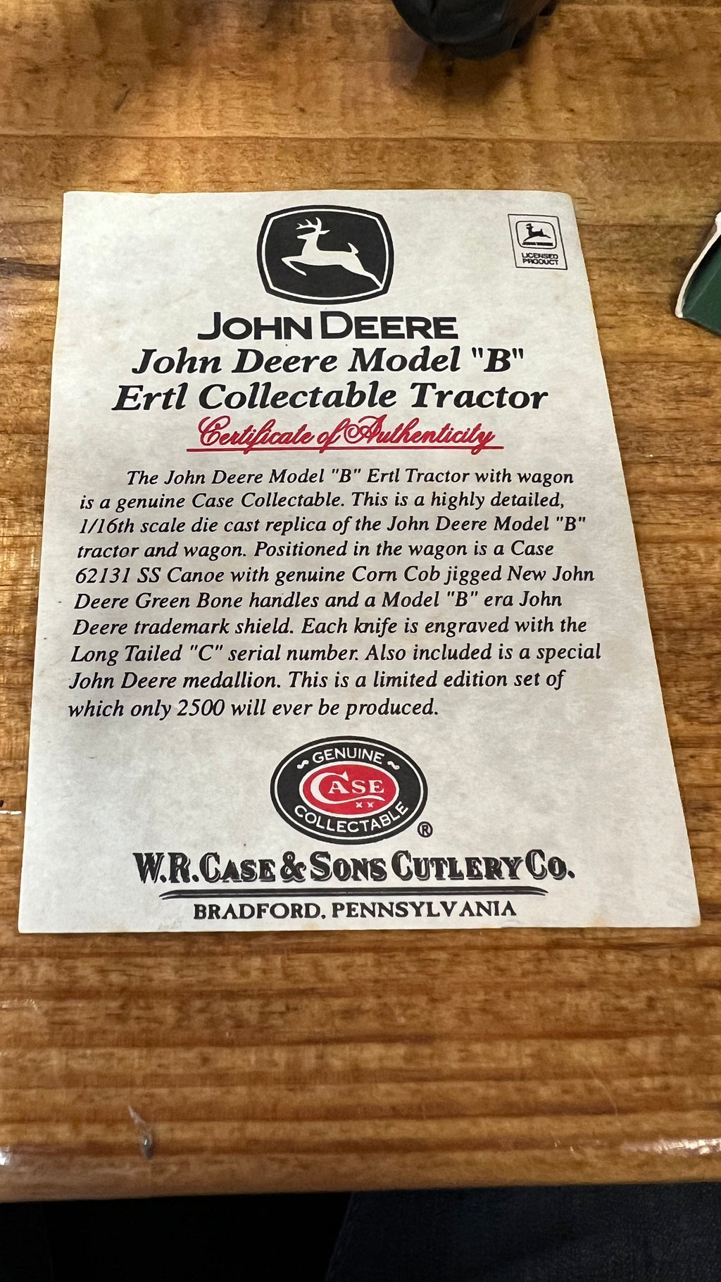 W.R. Case & Sons Cutlery Co John Deere Model "B" Tractor & Wagon with 62434 SS Canoe Knife