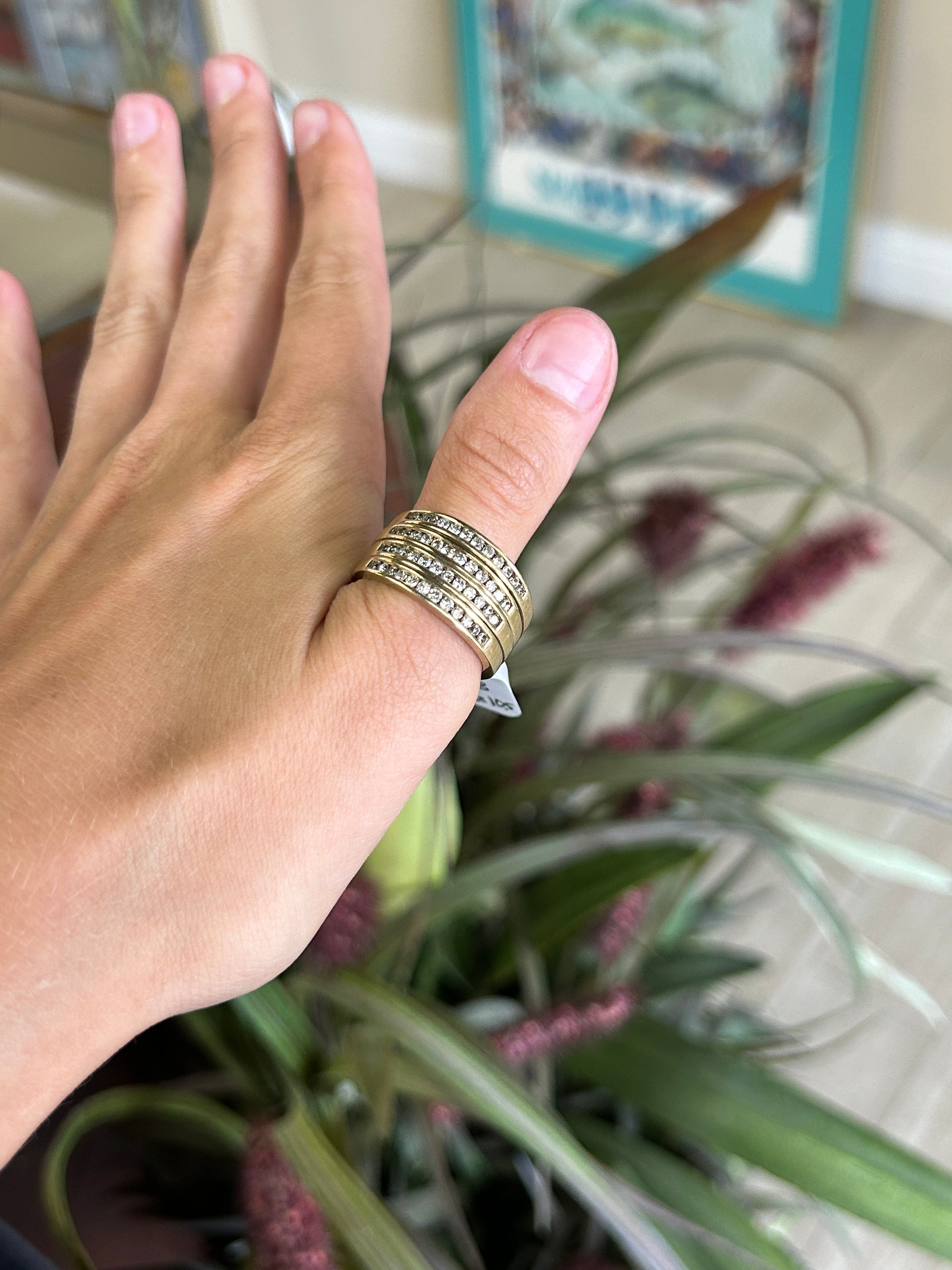 Four Row Diamond Yellow Gold Statement Ring