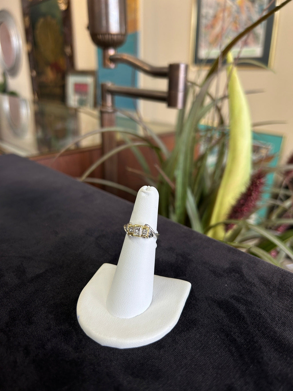 Two Toned Unique Three Diamond Ring in Platinum and 18kt