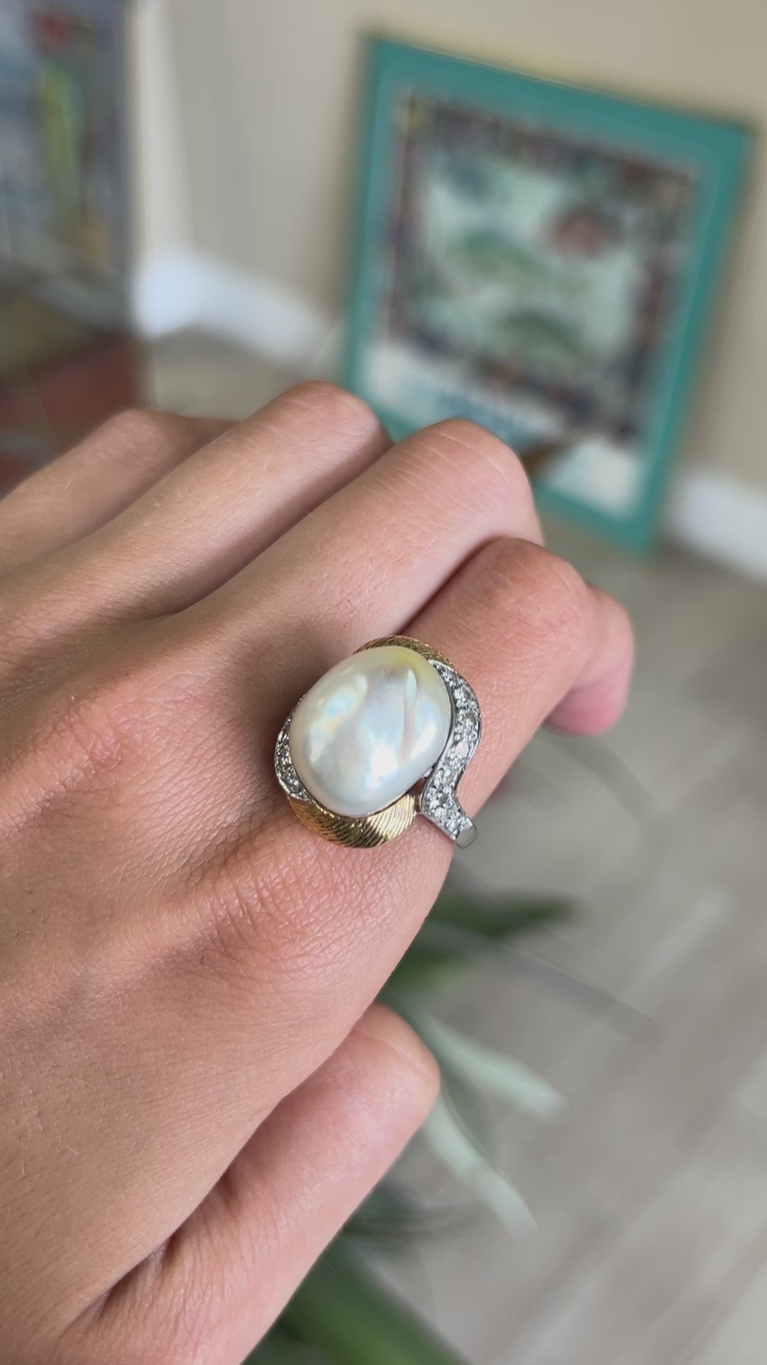Vintage Platinum 18kt Yellow Gold Large Pearl and Diamond Ring