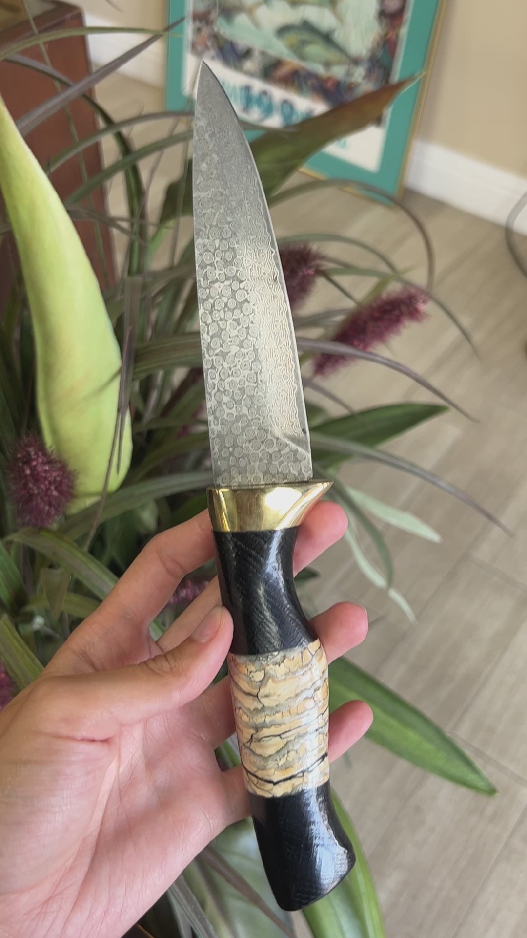 Custom Bog Black Oak and Mammoth Tooth Knife with Raindrop Damascus Blade and Leather Sheath