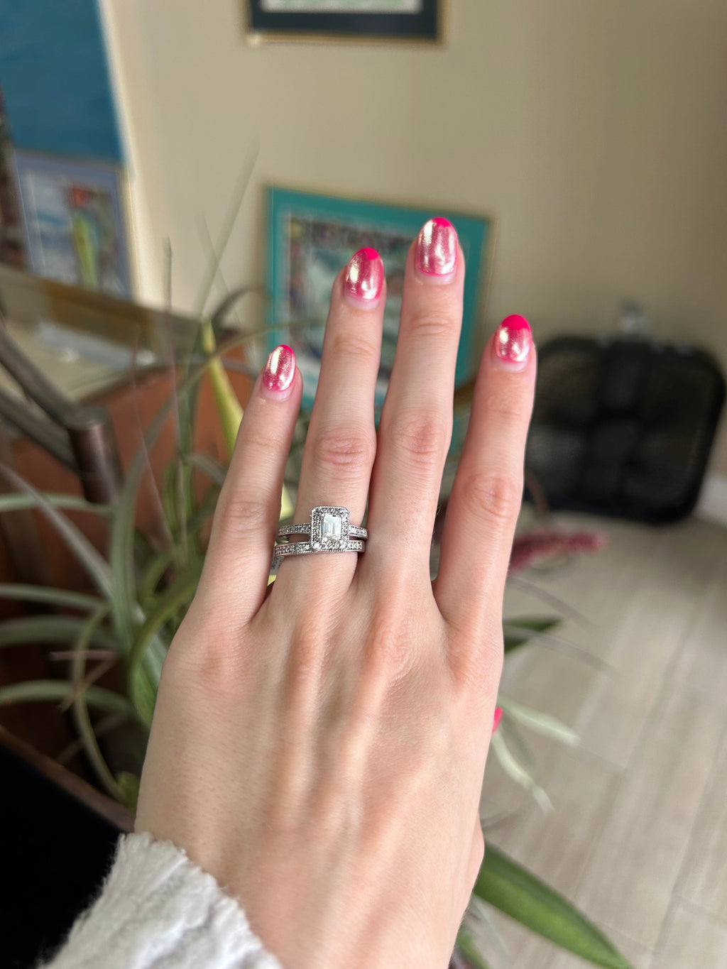 Wedding Band to Emerald Cut Engagement Ring with Pave Set Natural Diamond