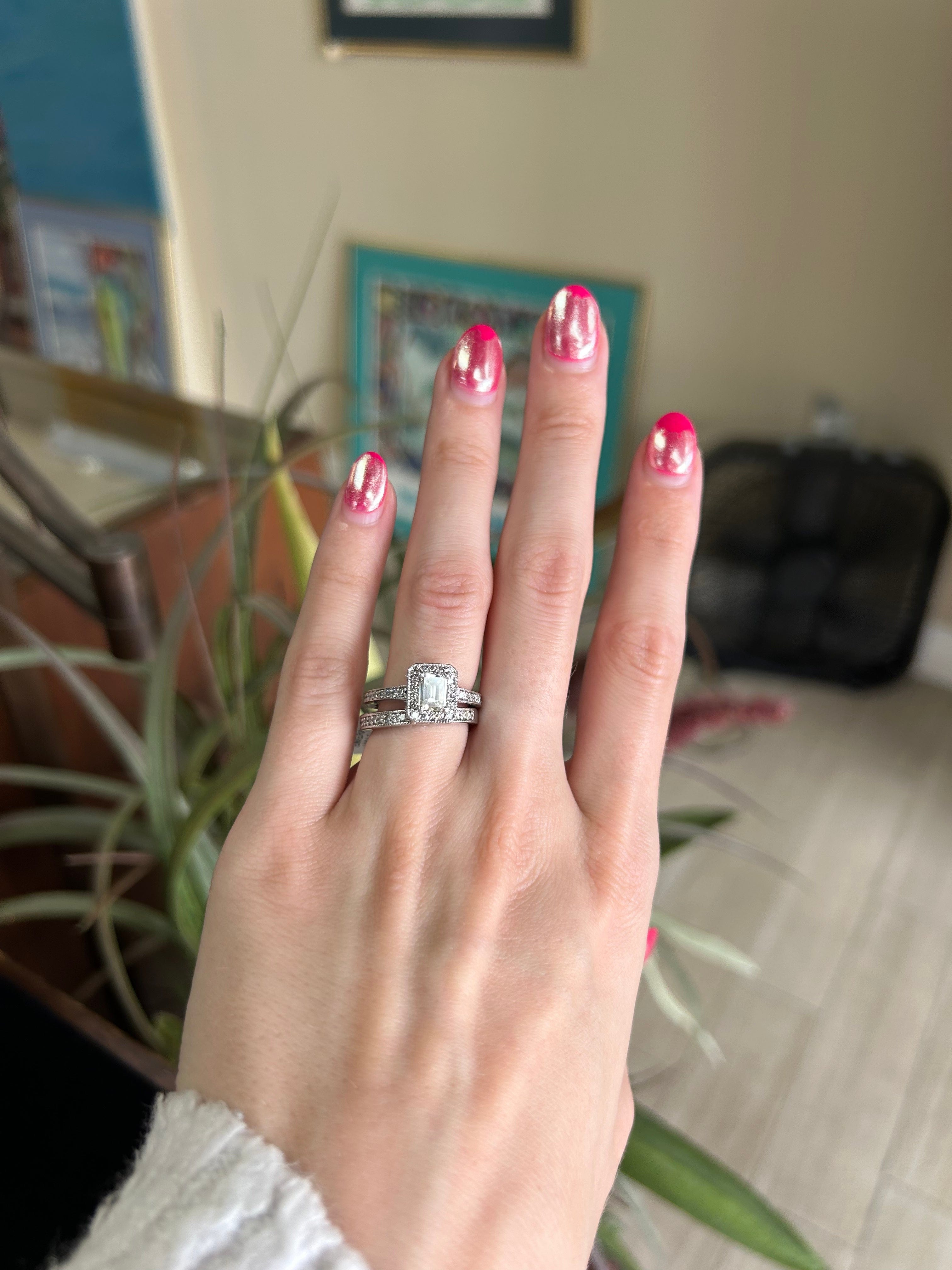 Wedding Band to Emerald Cut Engagement Ring with Pave Set Natural Diamond