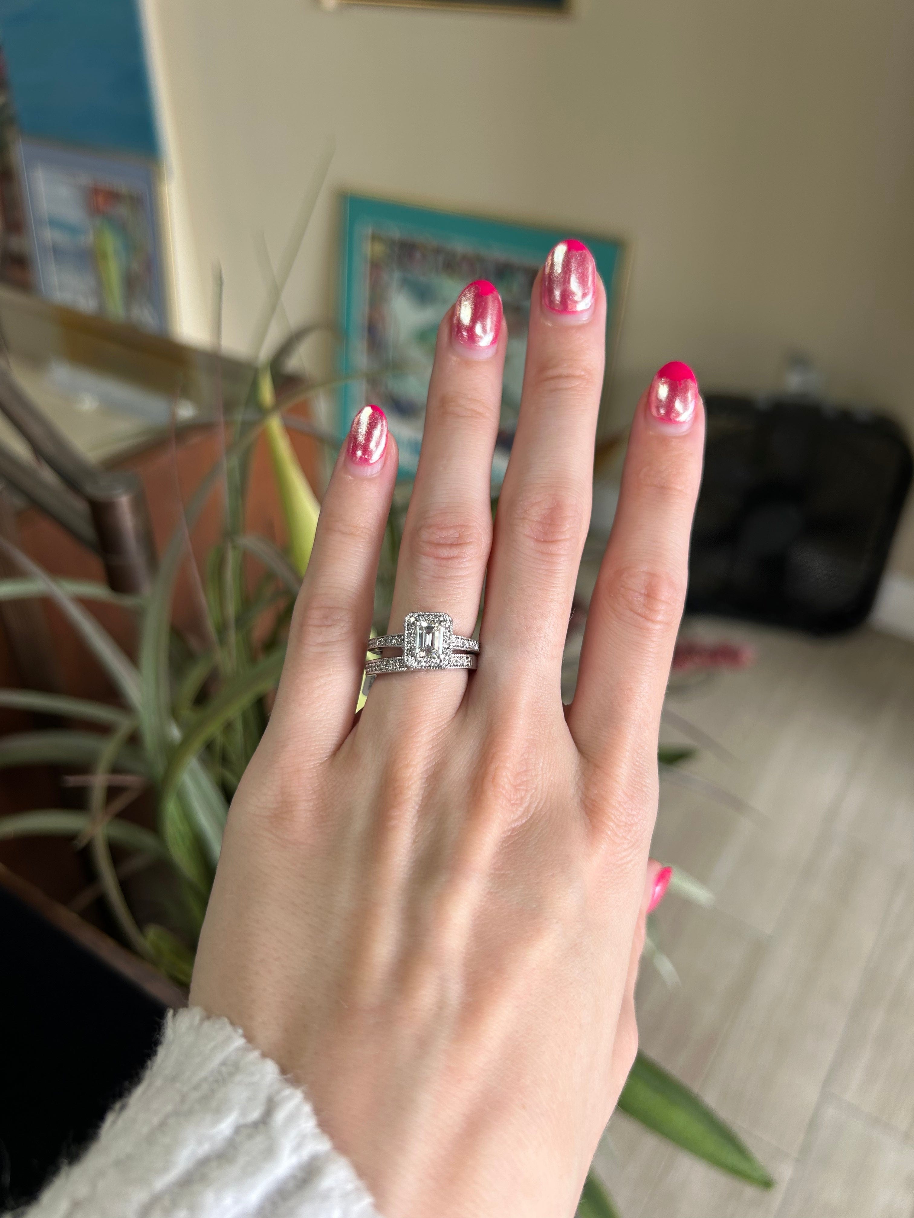 Wedding Band to Emerald Cut Engagement Ring with Pave Set Natural Diamond