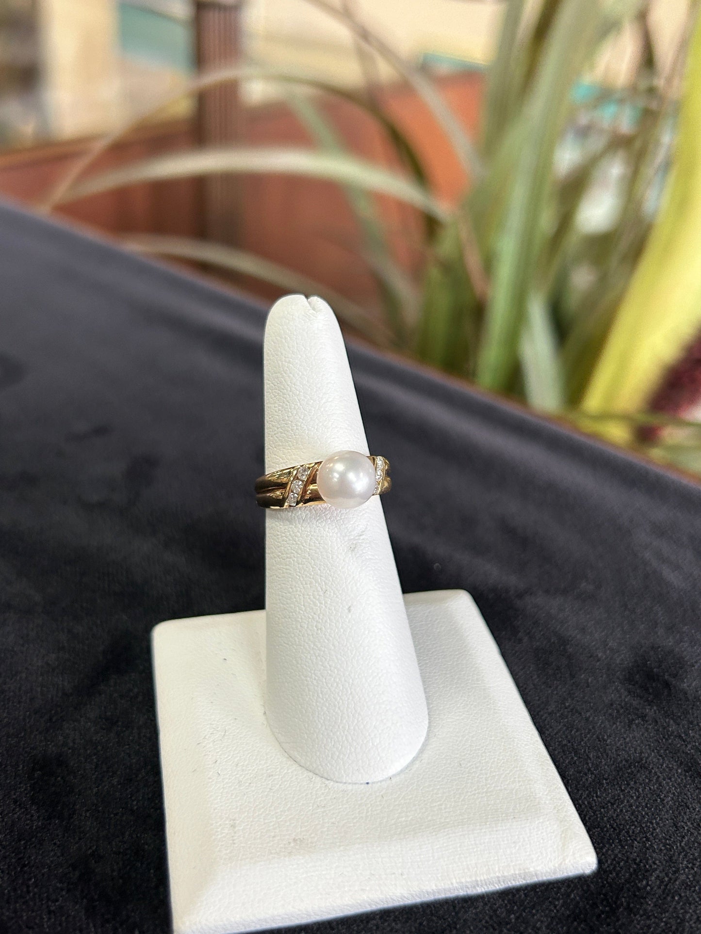 Solitaire Freshwater Pearl and Small Diamond Side Stones Yellow Gold Ring