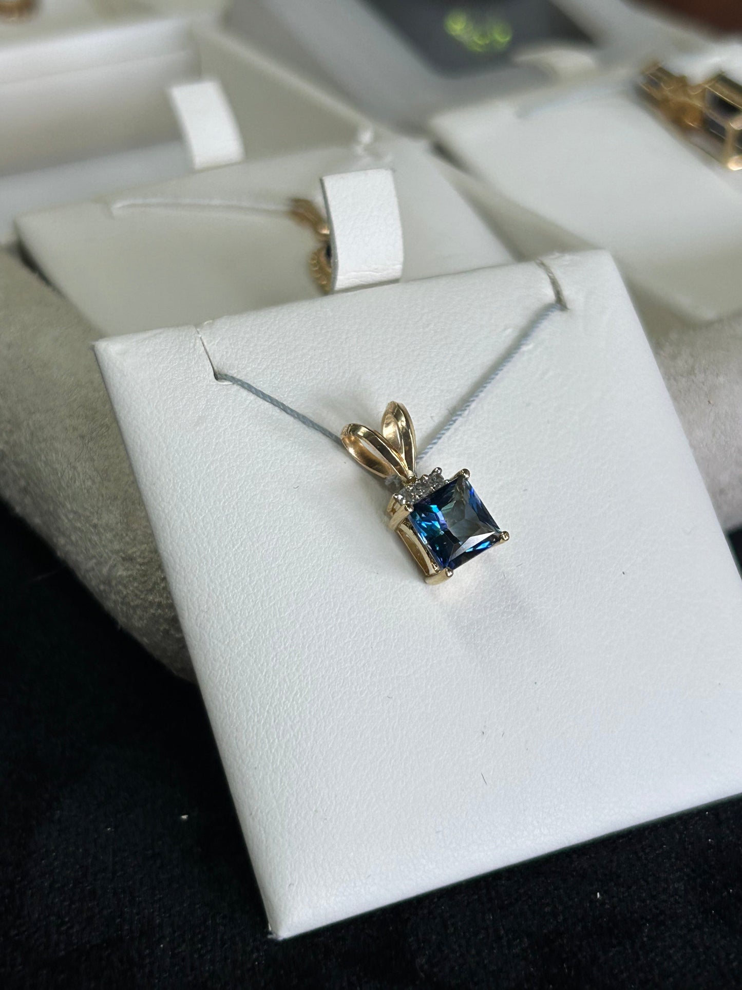 Princess Cut Blue Gemstone and Diamond Pendant Yellow Gold