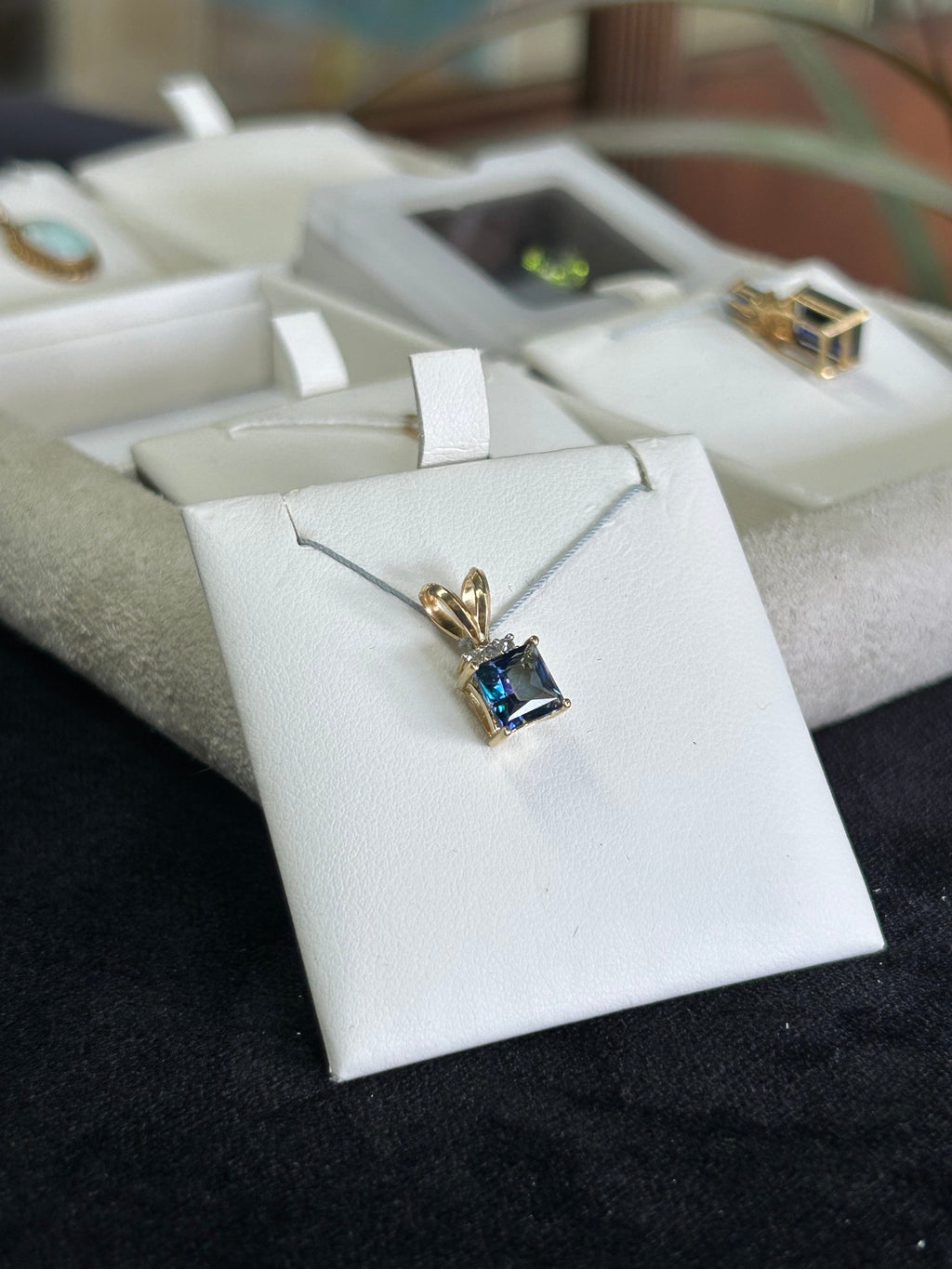 Princess Cut Blue Gemstone and Diamond Pendant Yellow Gold