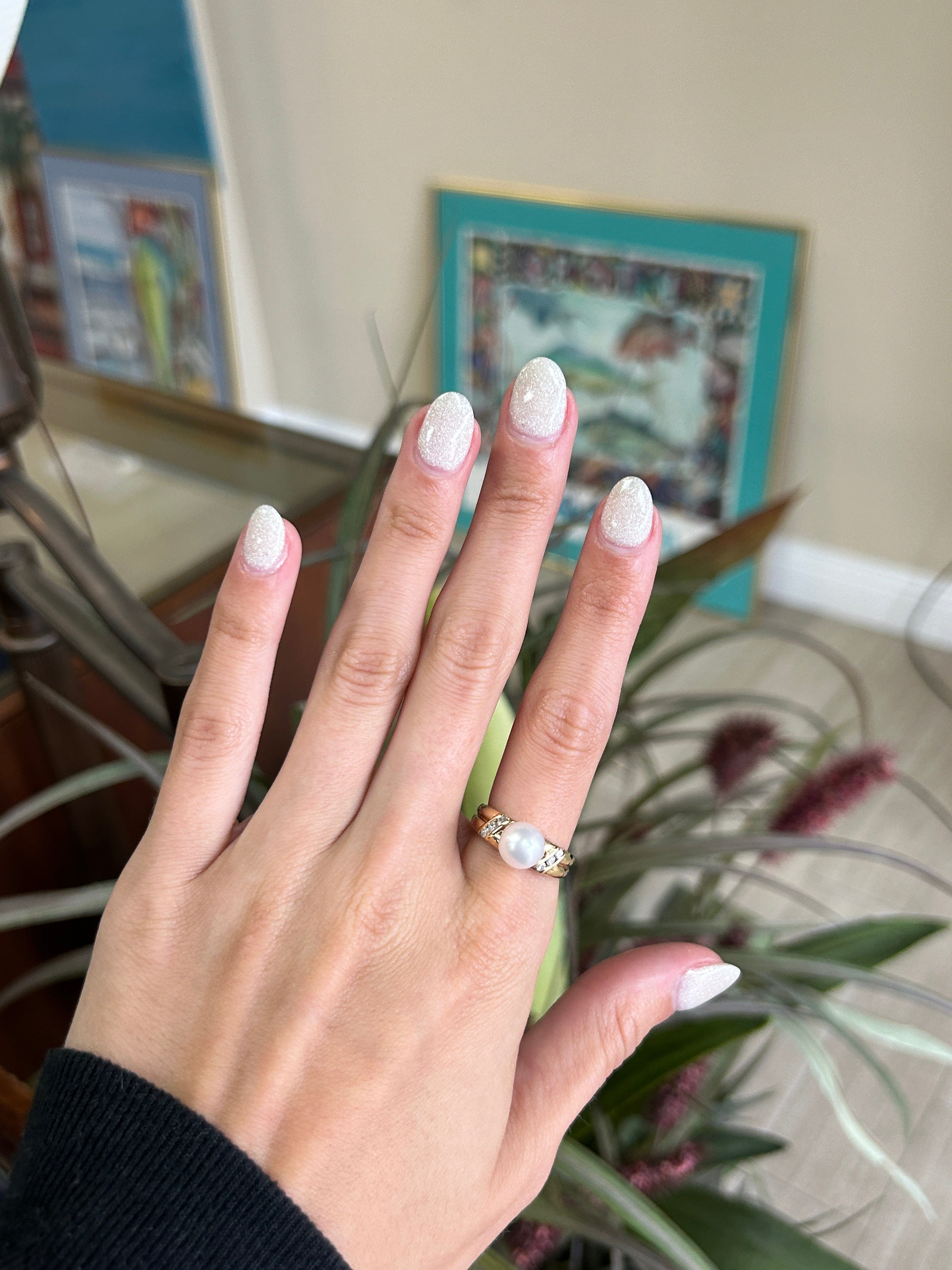 Solitaire Freshwater Pearl and Small Diamond Side Stones Yellow Gold Ring