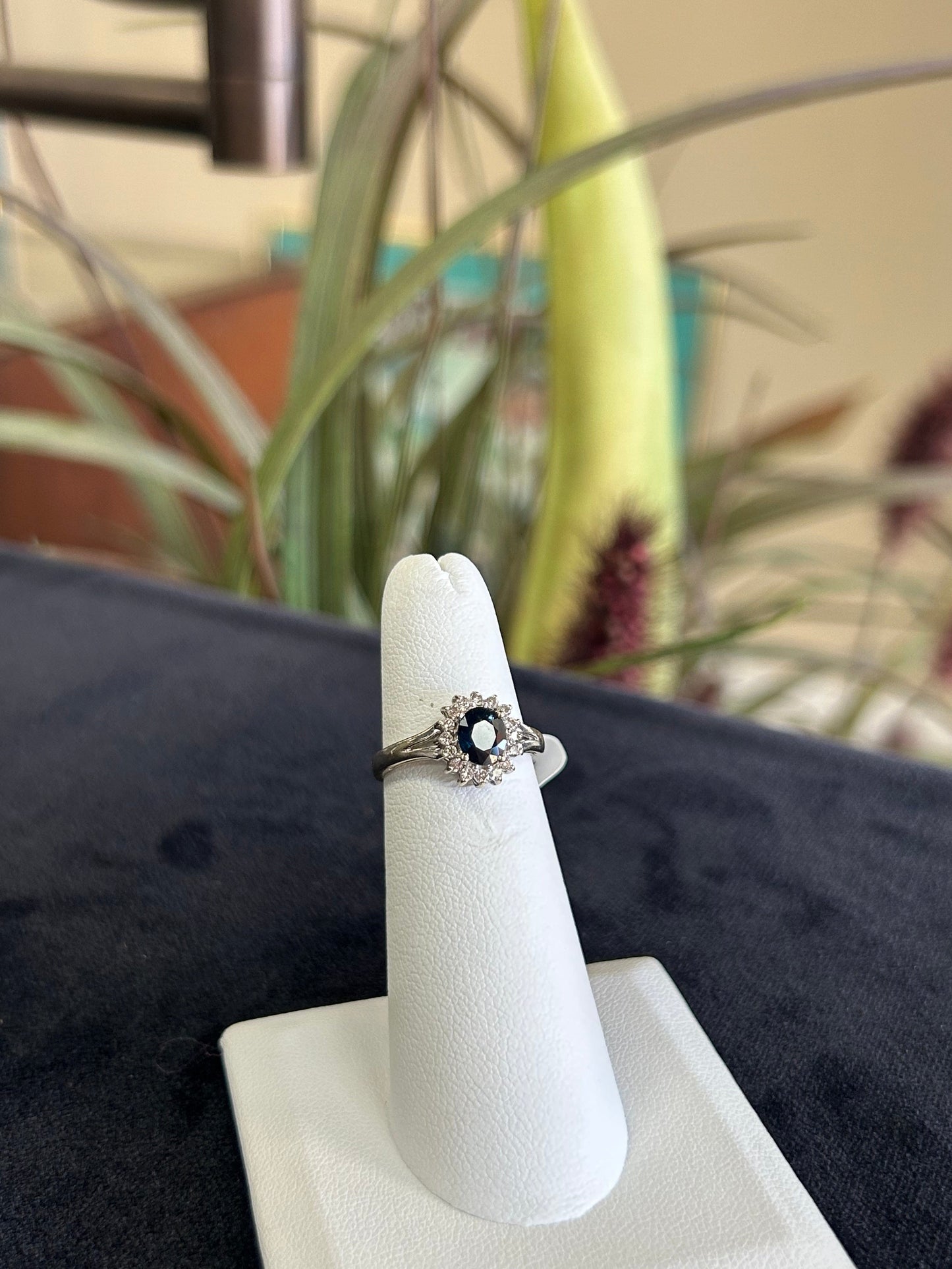 White Gold Sapphire Gemstone with Diamond Halo Ring