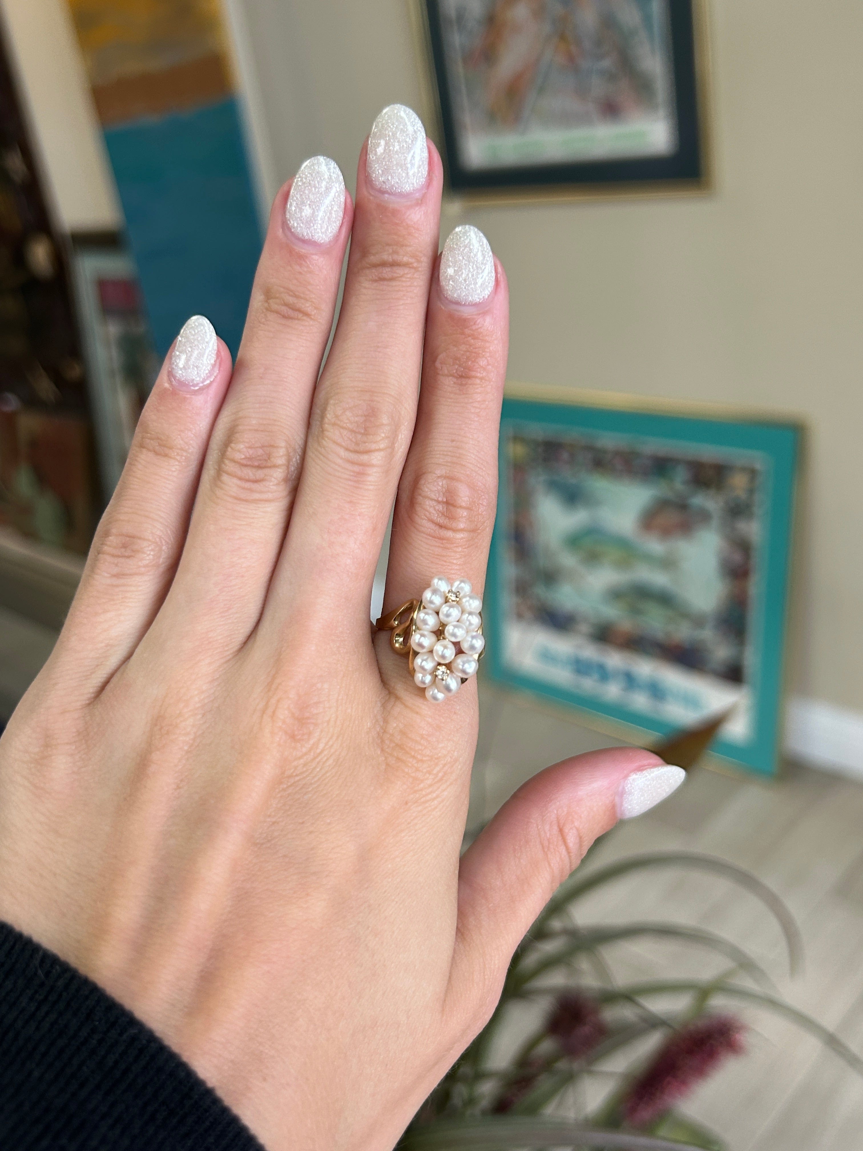 Waterfall Freshwater Pearl Cluster Ring Yellow Gold