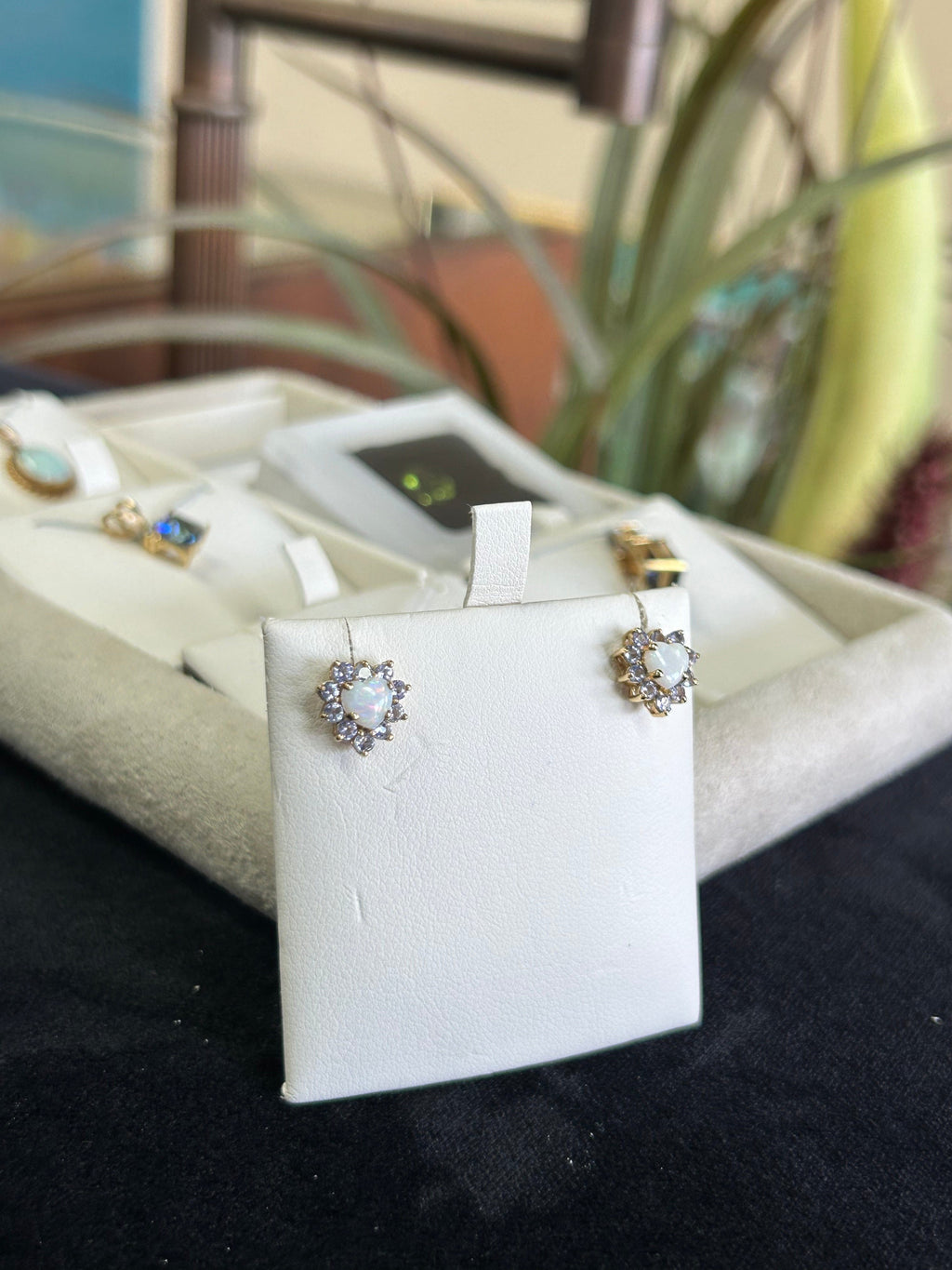 Opal Heart with Purple Stone Halo Stud Earrings