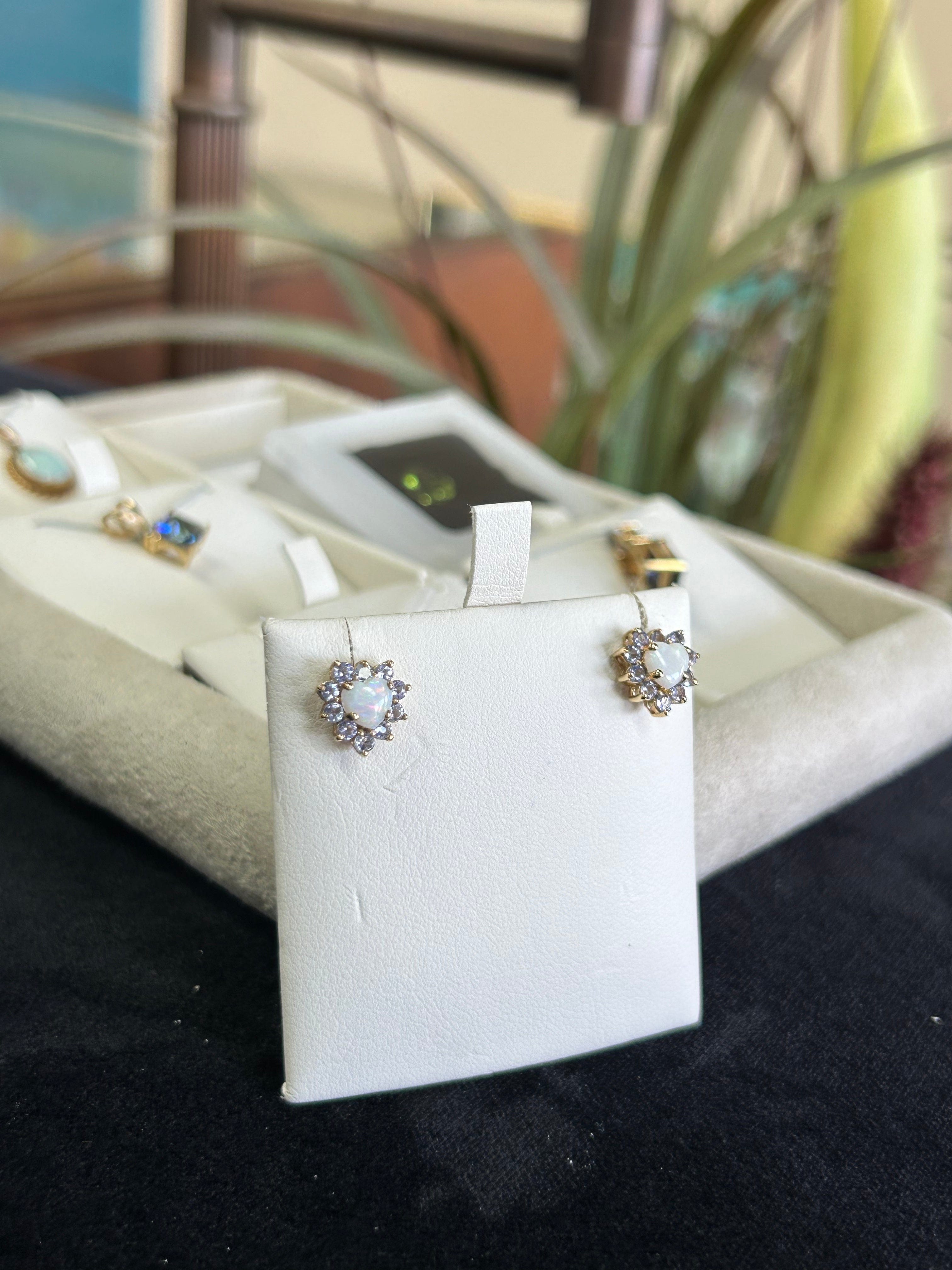 Opal Heart with Purple Stone Halo Stud Earrings