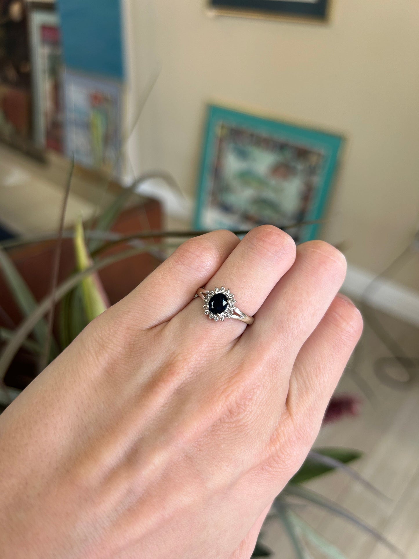 White Gold Sapphire Gemstone with Diamond Halo Ring