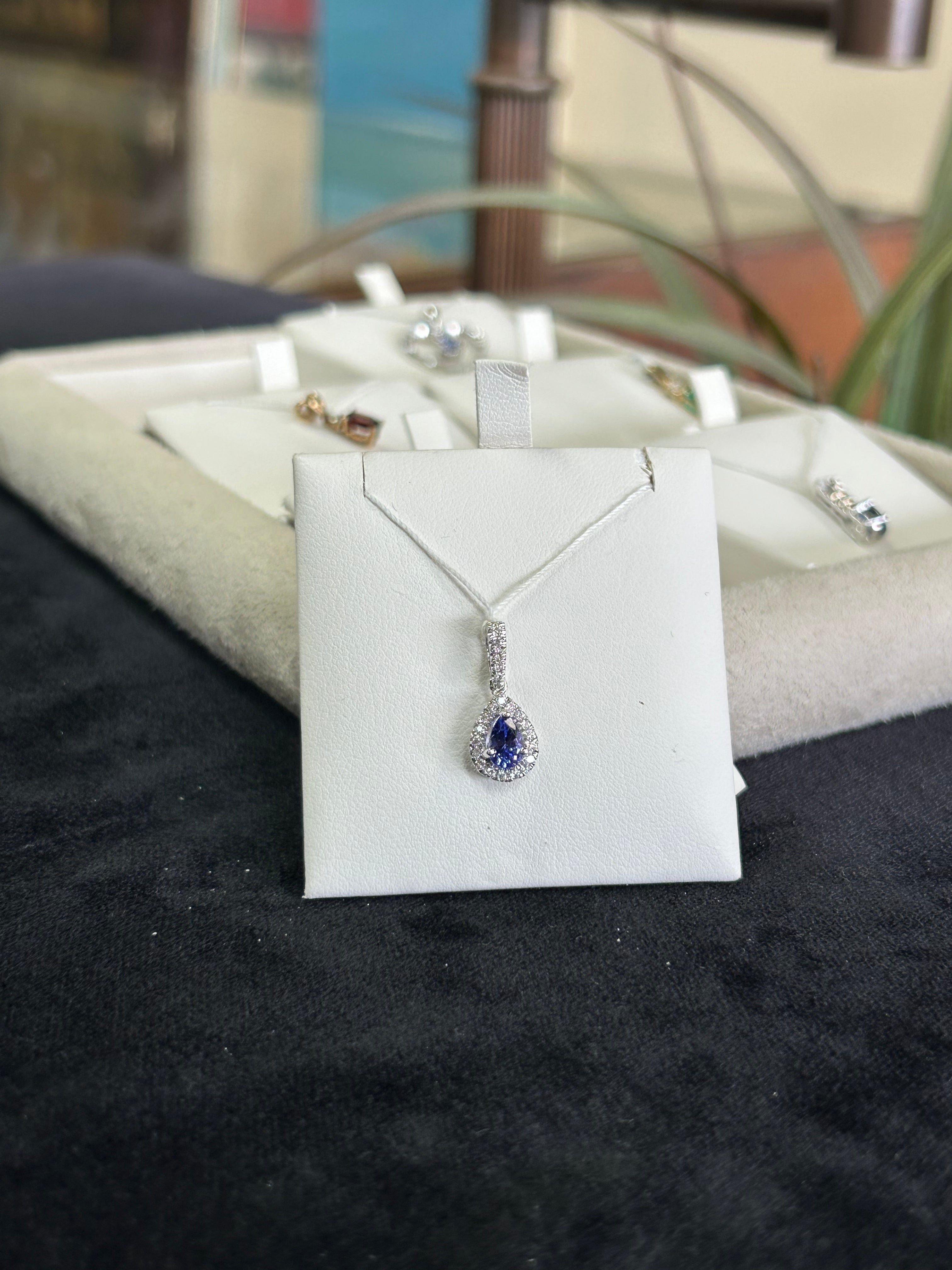 Tanzanite and Natural Diamonds Tear Drop Gemstone Charm Pendant 