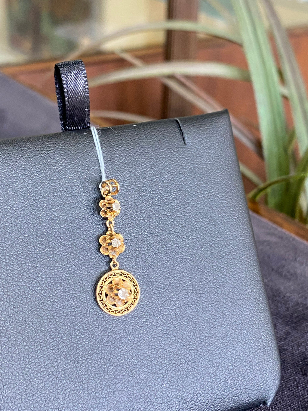 Vintage Three Diamond Flower Drop Down Pendant Charm