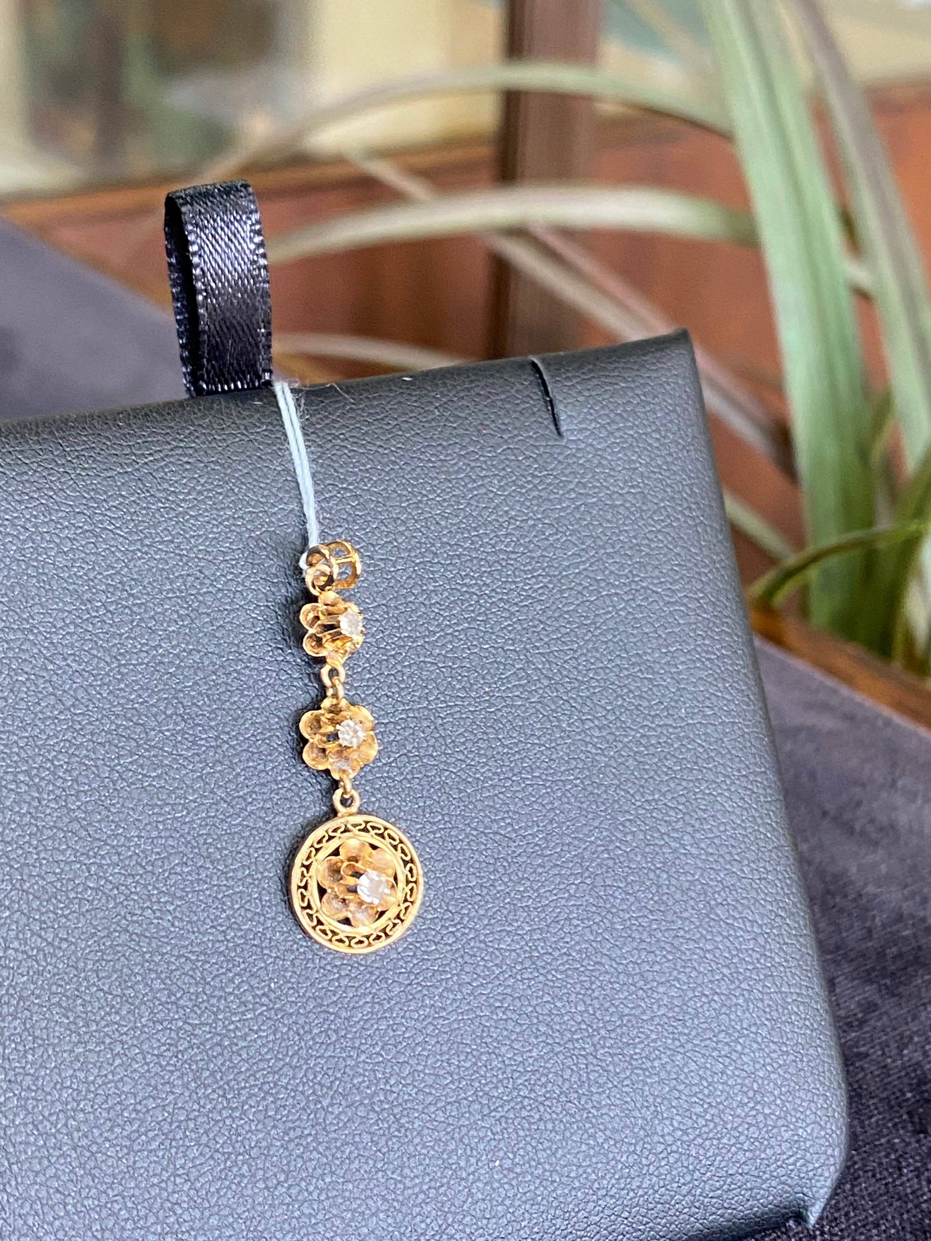 Vintage Three Diamond Flower Drop Down Pendant Charm