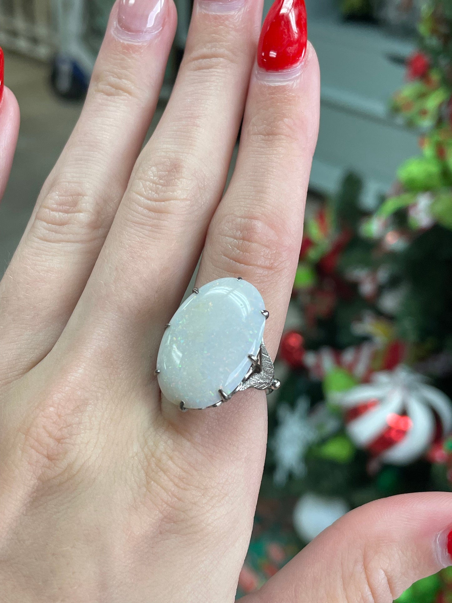 Vintage Large Oval Opal White Gold Ring