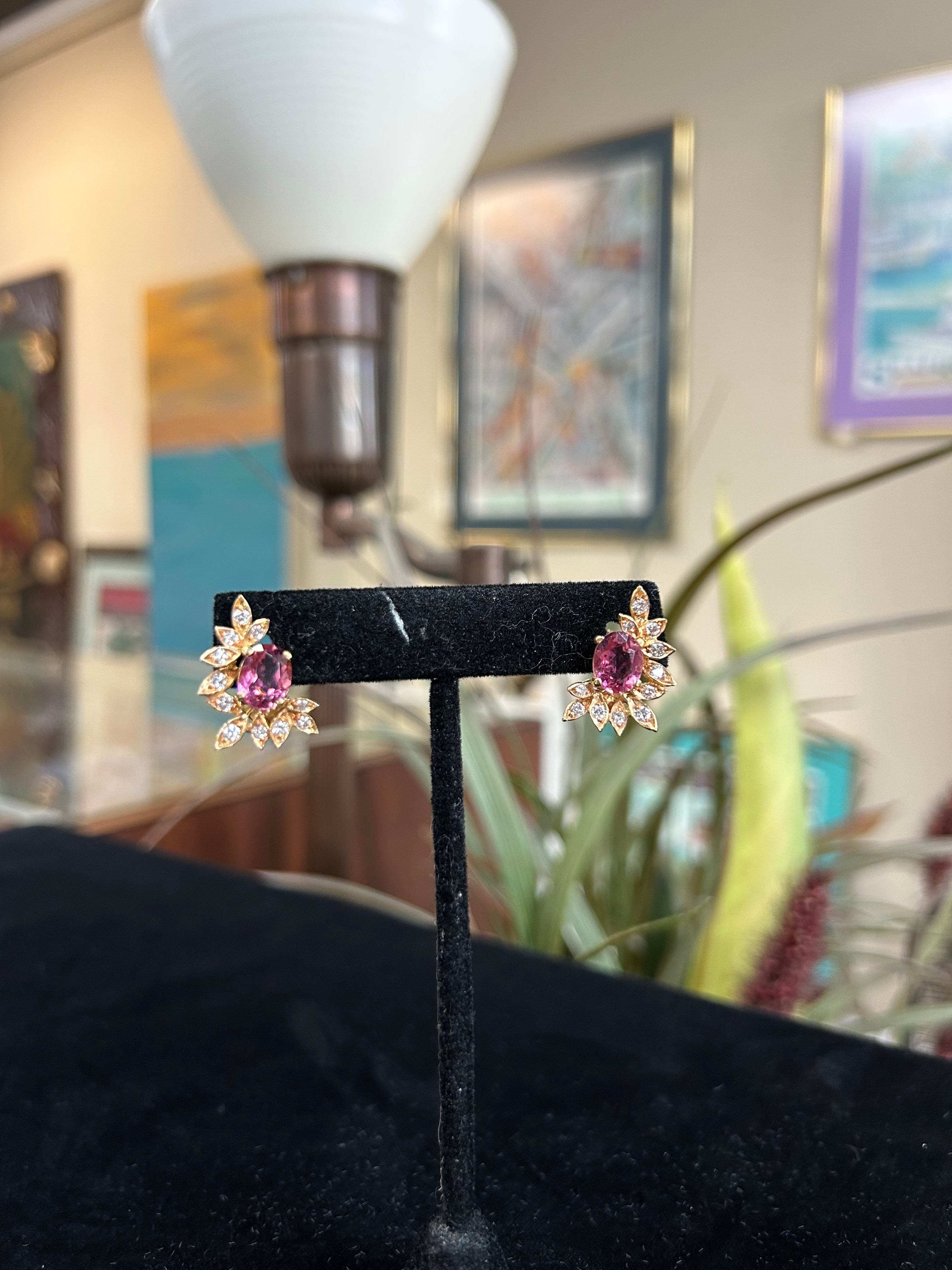 Pink Tourmaline and Diamond Gemstone Earrings Vintage Estate Jewelry