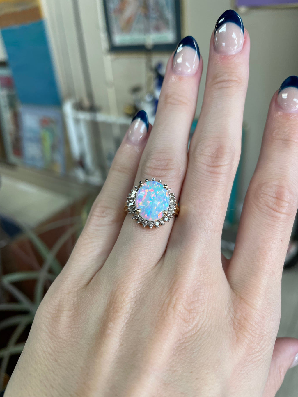 Large Oval Opal and Diamond Gemstone Ring