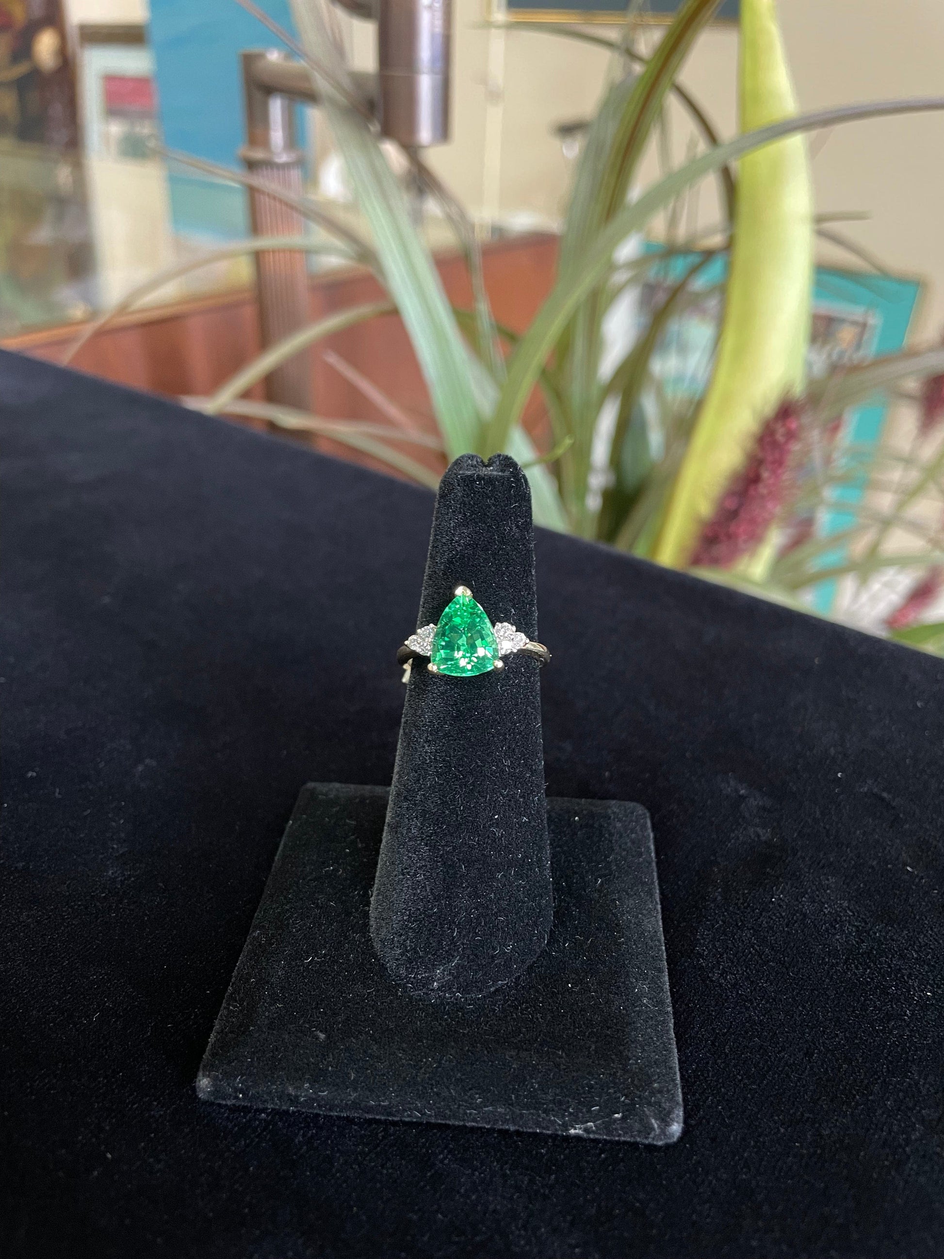 Pear shape synthetic emerald diamond ring