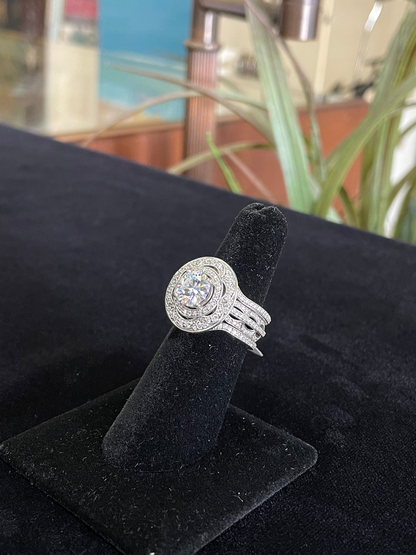 Art Deco 8mm Moissanite Engagement Ring with Bands
