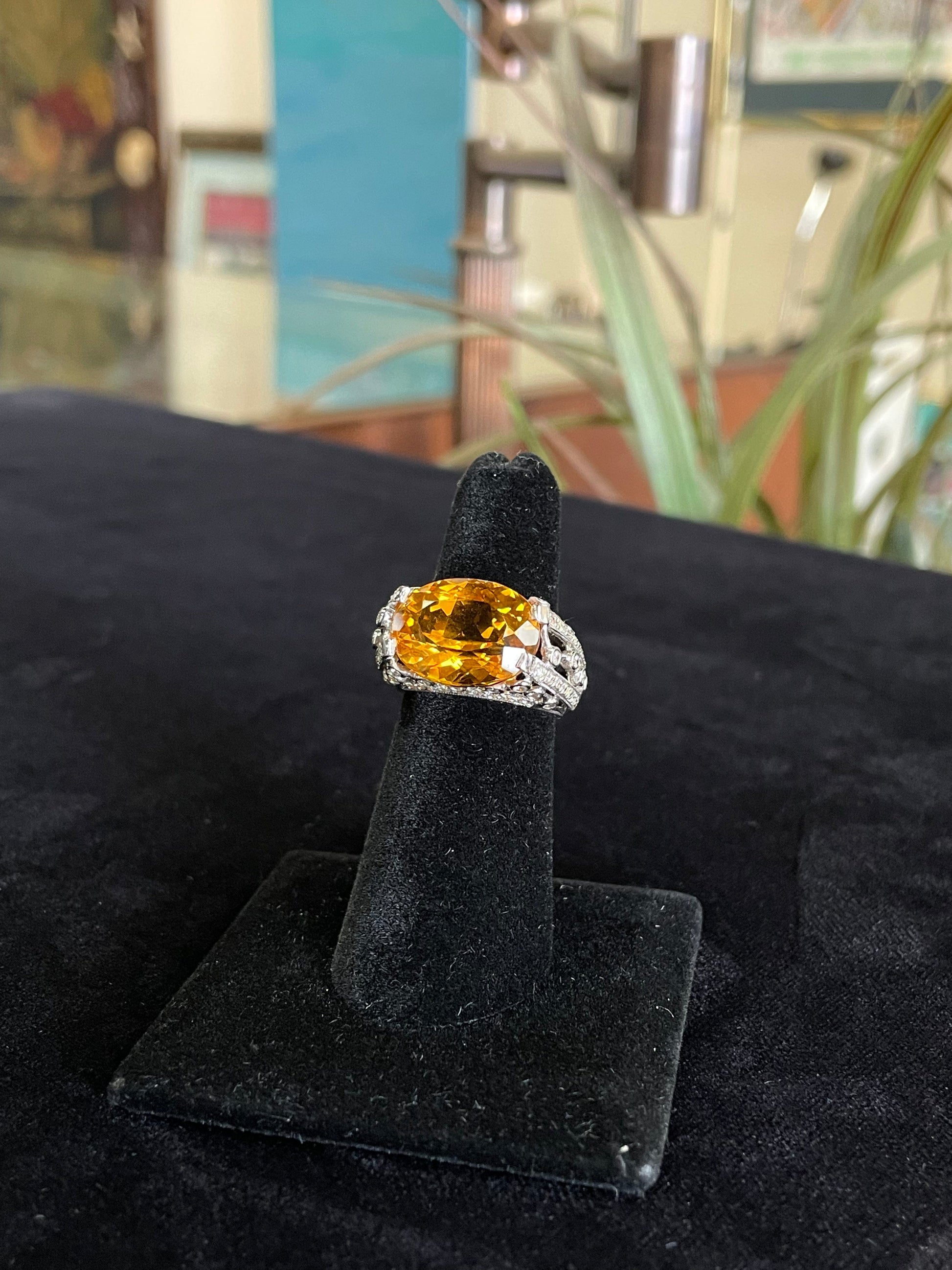 Large Citrine Diamond Gemstone Ring